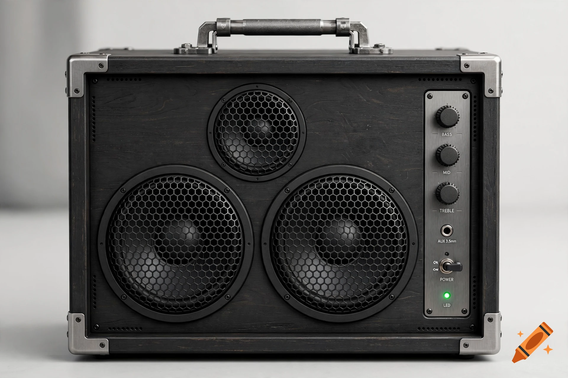 Photorealistic 3D render of a custom DIY active Bluetooth speaker box with wooden chassis and metal corner protectors, front view.