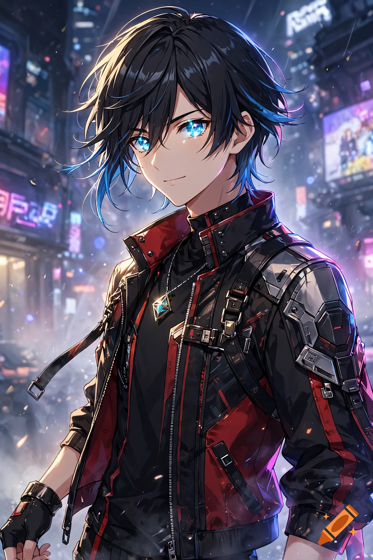 Portrait of an anime-style young man with blue eyes and dark hair, wearing a futuristic jacket against a glowing city street background at night.