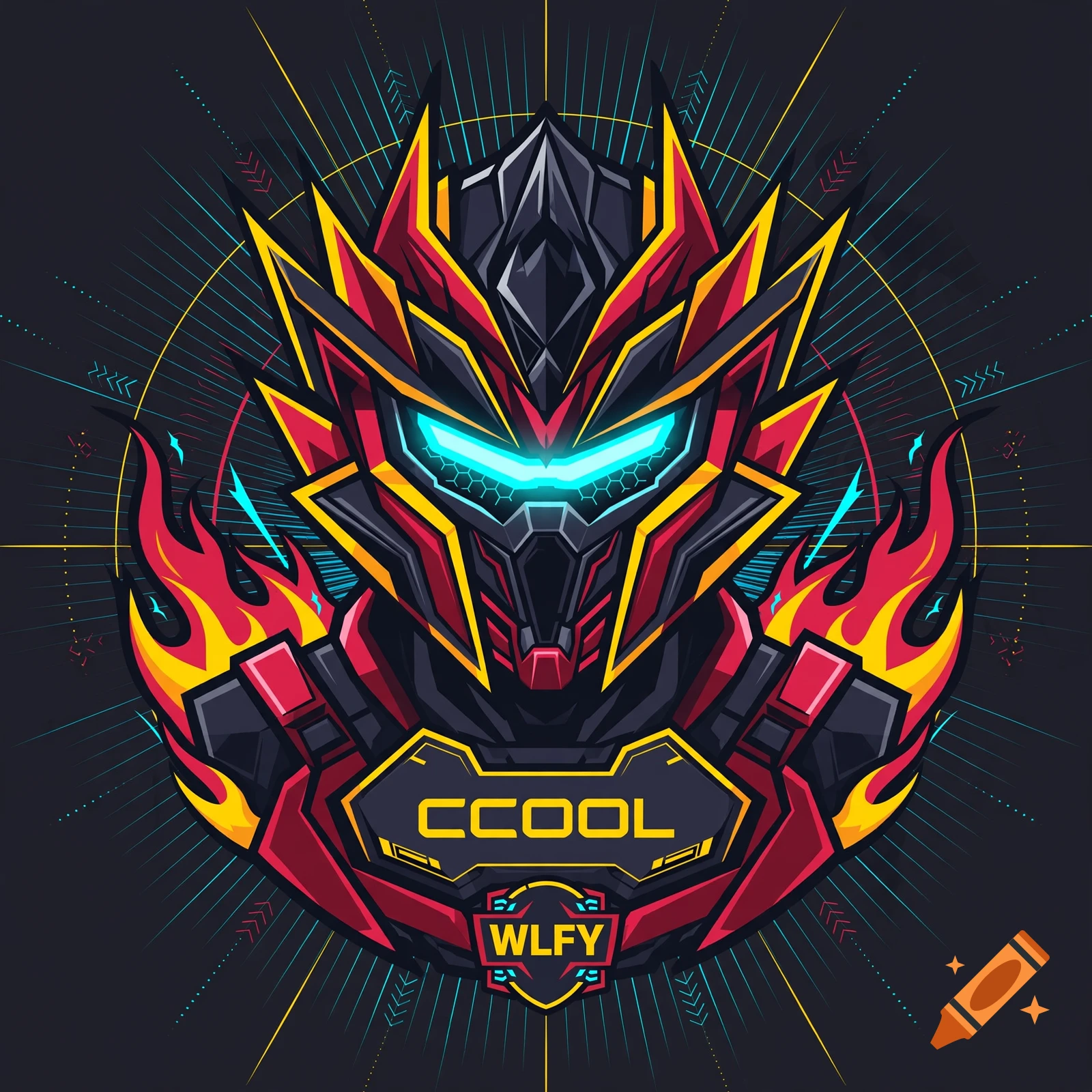 Esports gamer avatar featuring a robotic warrior with glowing blue visor and flames, displaying the text CCOOL and WLFY.