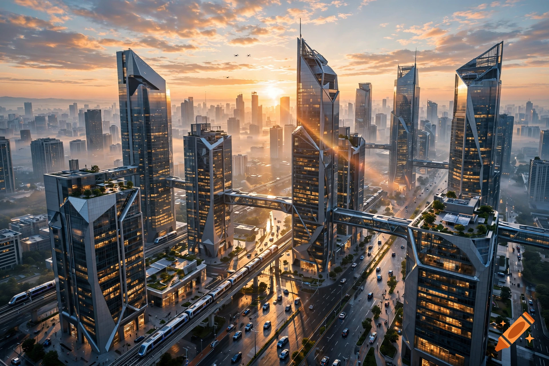 An aerial view of a futuristic city with towering skyscrapers connected by skybridges during a glowing sunrise.