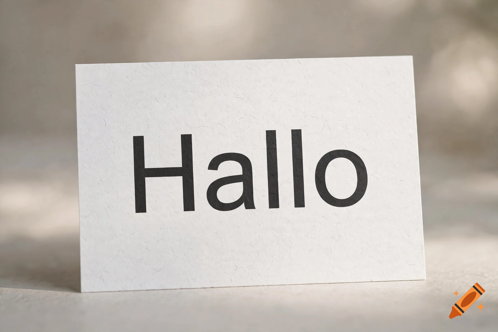 A white card with the word 'Hallo' printed in black uppercase and lowercase letters, set against a neutral, softly lit background.