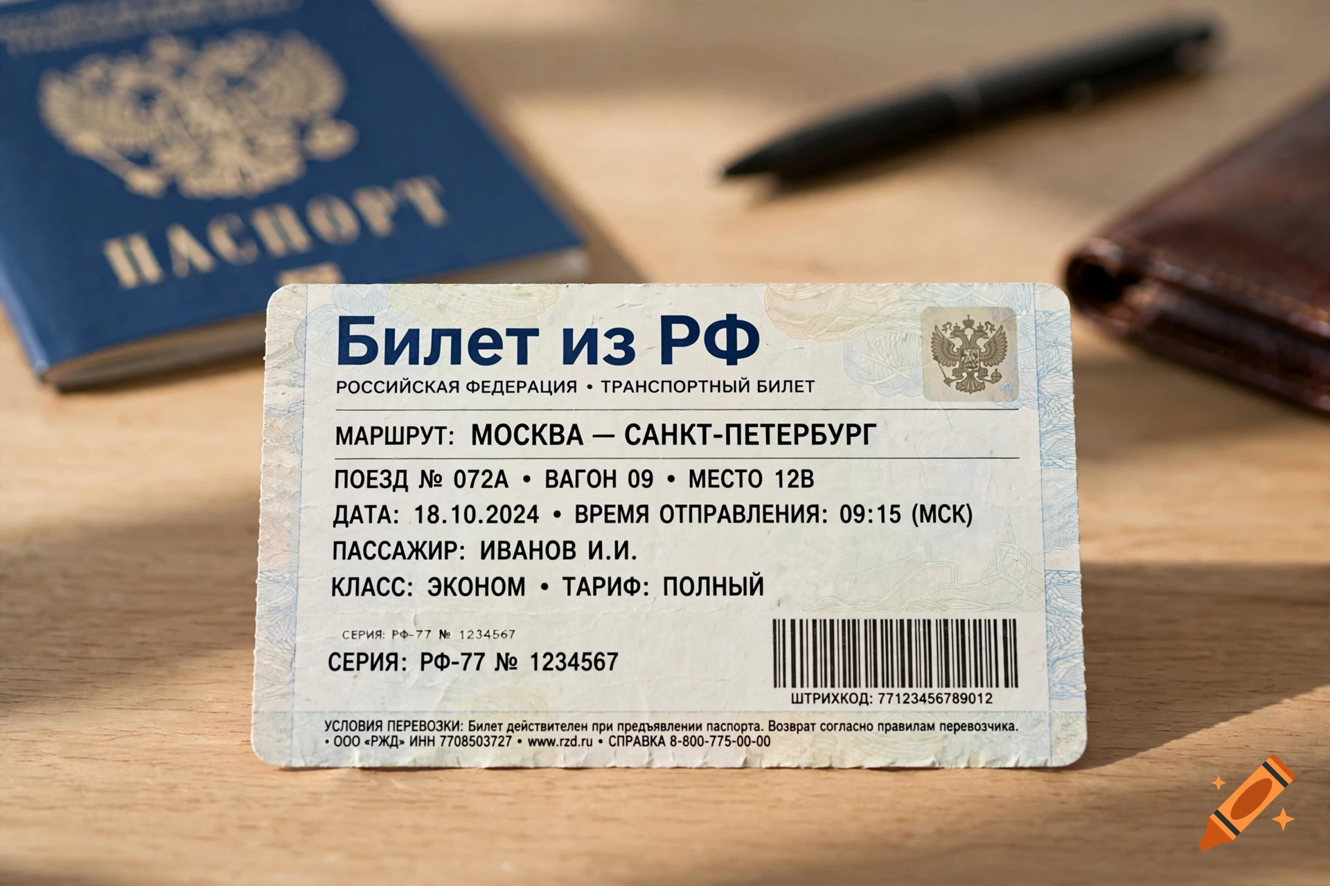 Close-up photorealistic shot of a Russian train ticket on a wooden surface with a passport and pen in the background.