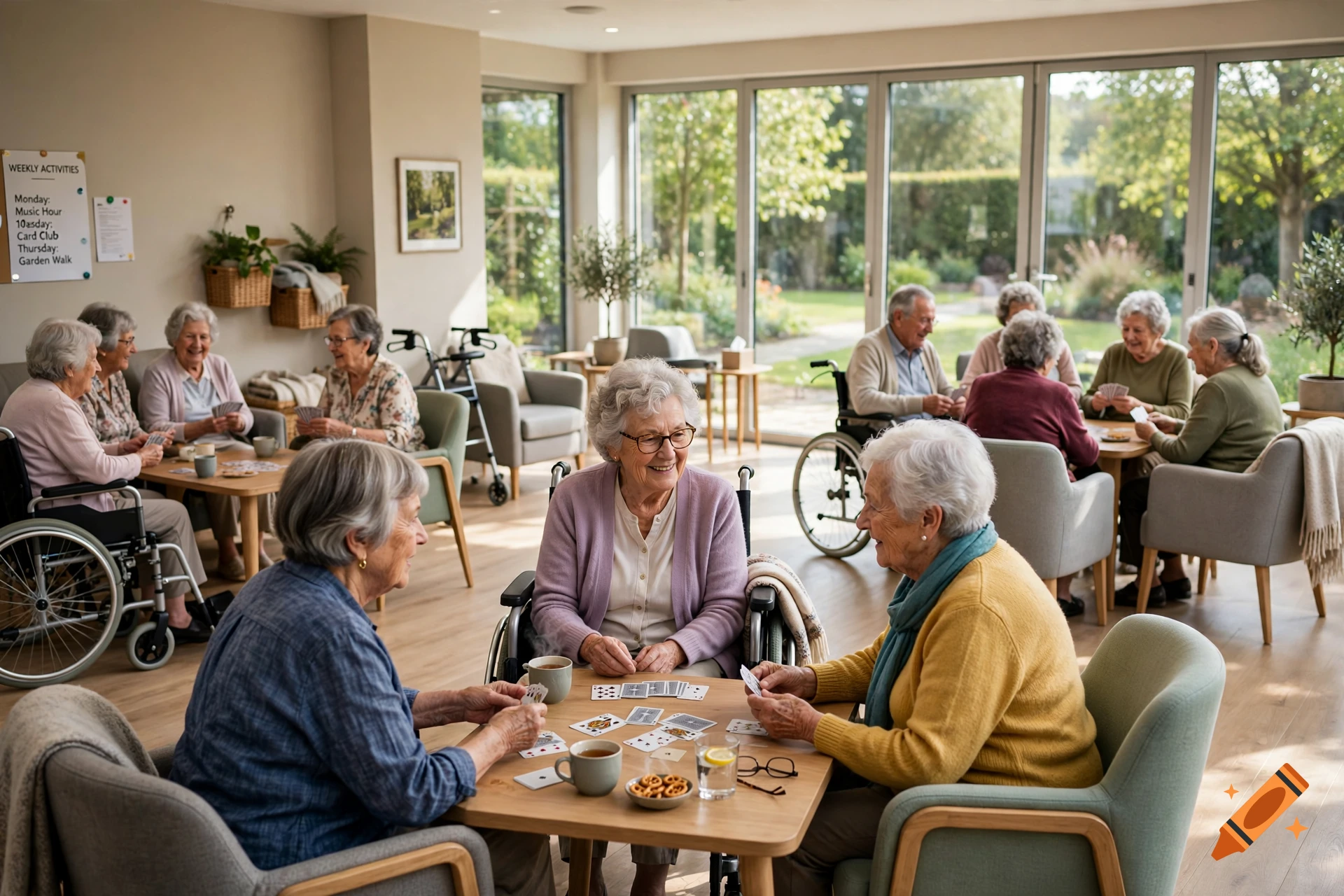 Seniors playing card games in a brightly lit modern community room with large windows.