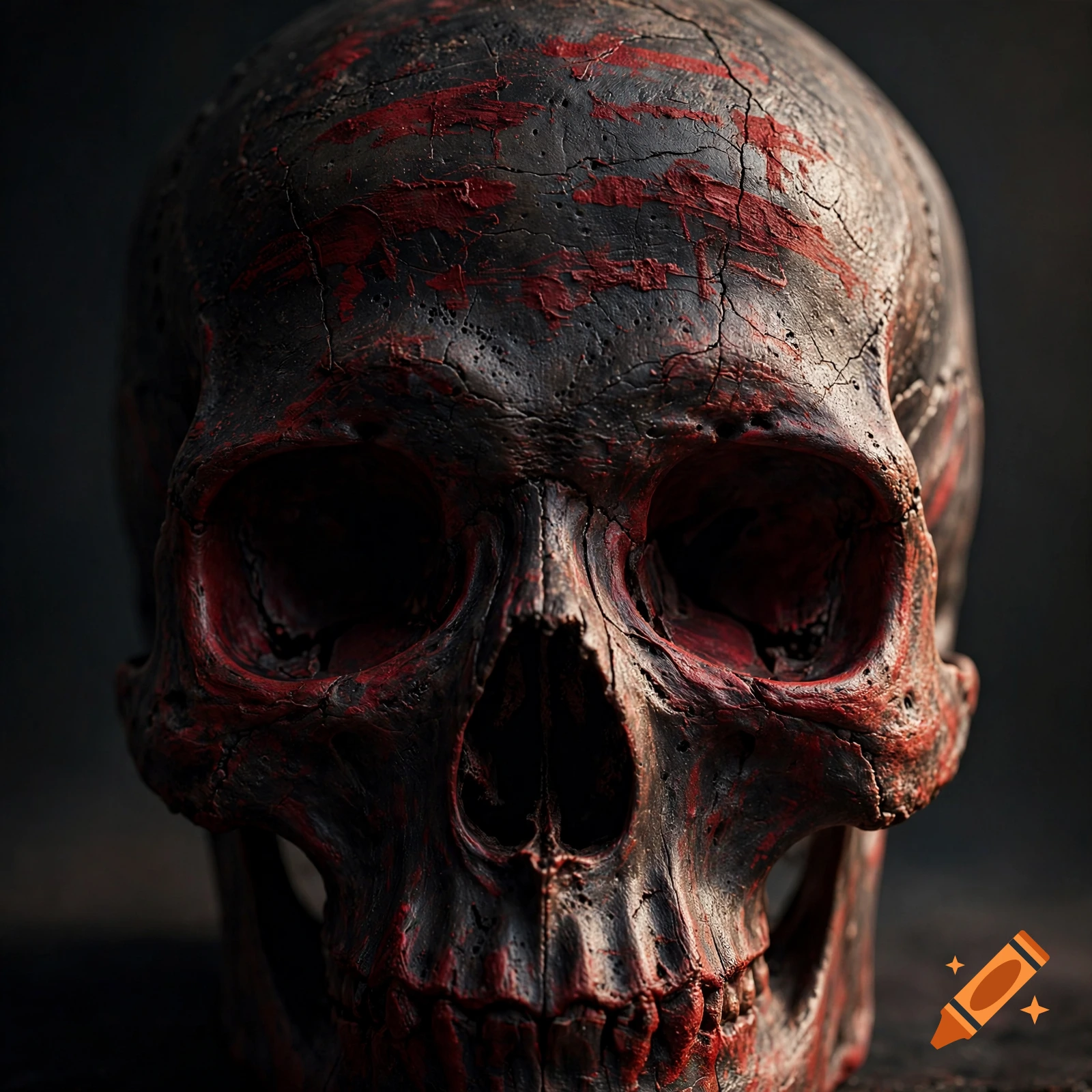 Close-up photorealistic shot of a black human skull with red paint smudges and cracks, set against a dark background.