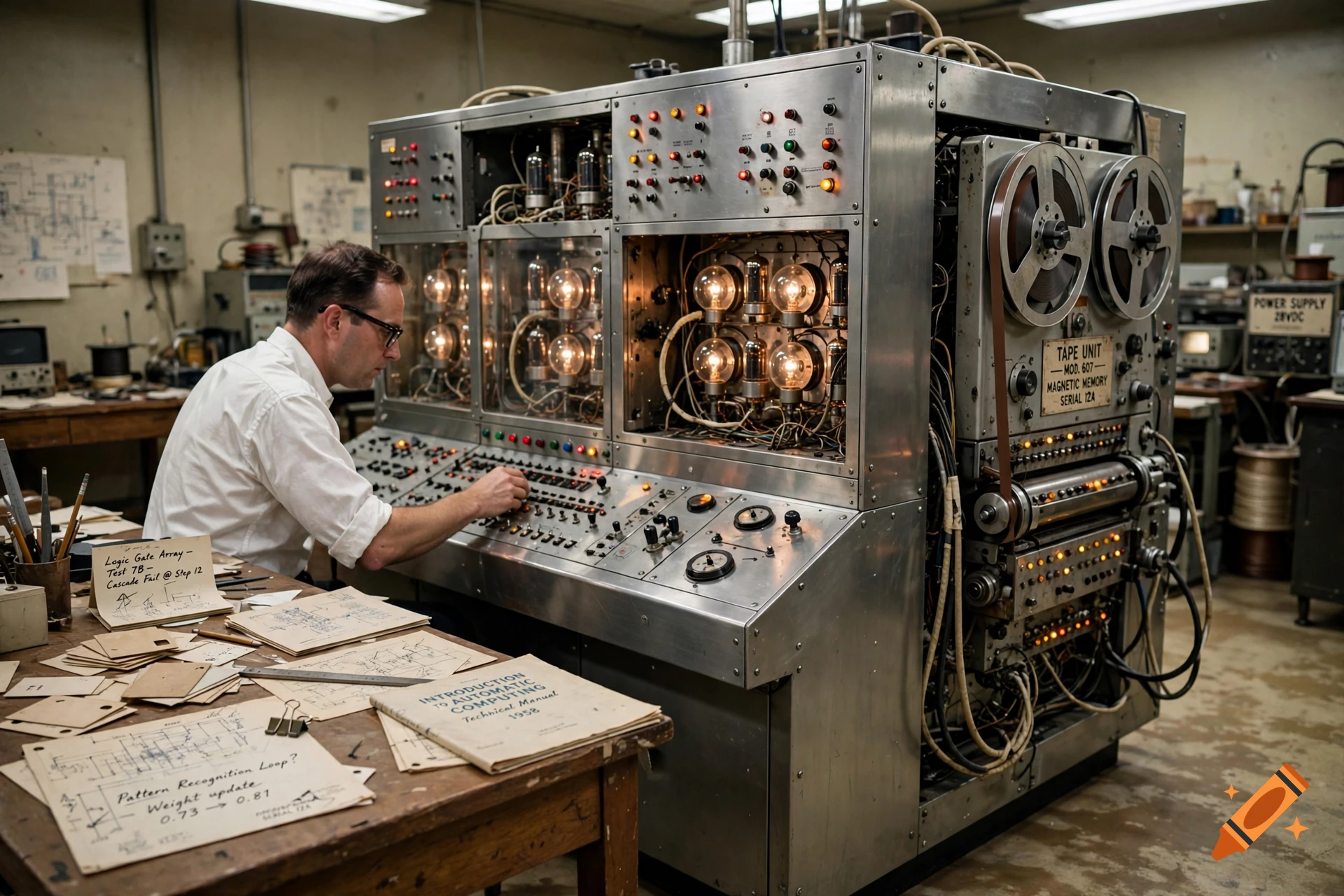 A vintage photograph of a man in a white shirt operating an early massive vacuum tube computer with reel-to-reel tapes.