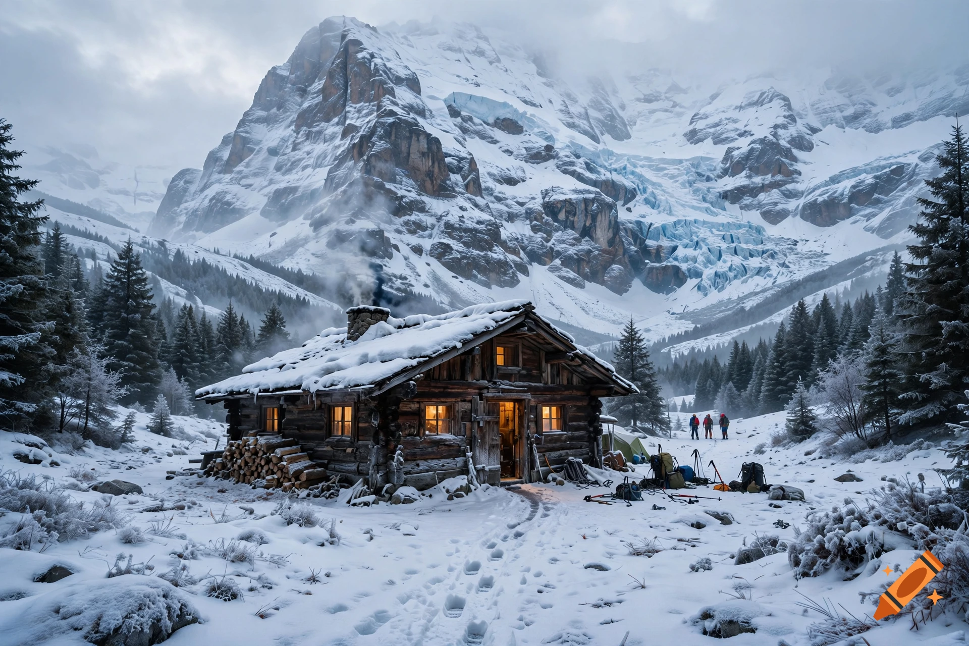 A snow-covered wooden cabin nestled in a snowy alpine valley with towering mountains and pine forests in the background.