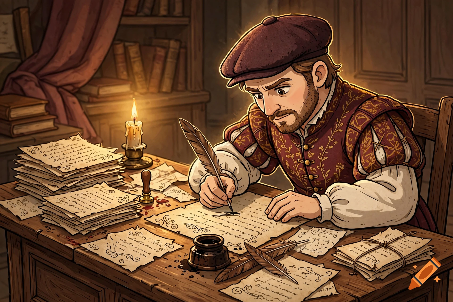 Cartoon illustration of a 16th-century secretary writing with a quill at a wooden desk stacked with papers.
