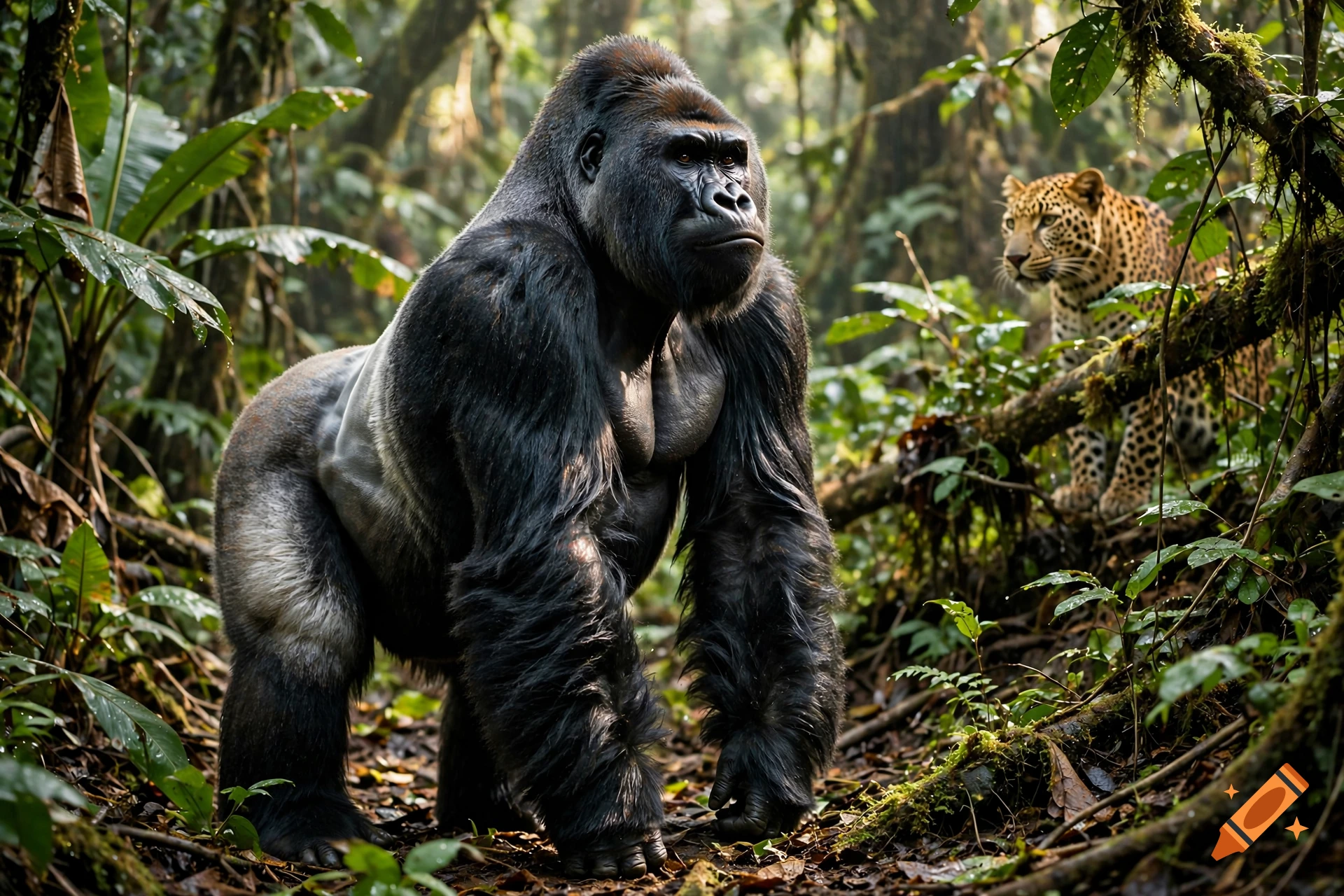 Photorealistic image of a large gorilla standing in a lush jungle with a leopard watching from behind.