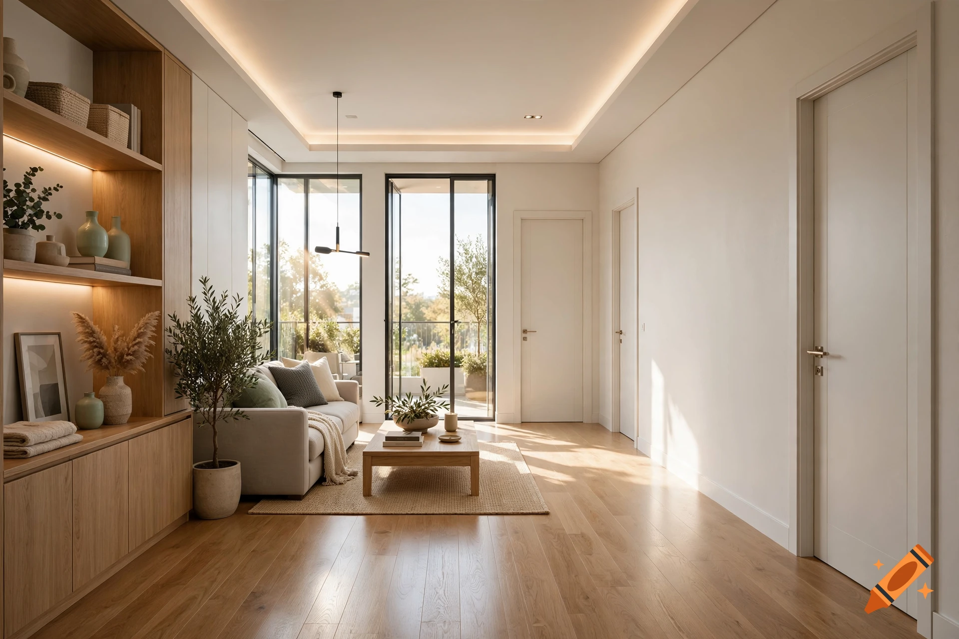Photorealistic interior view of a modern living room with wooden floors, custom shelving, and a balcony door.