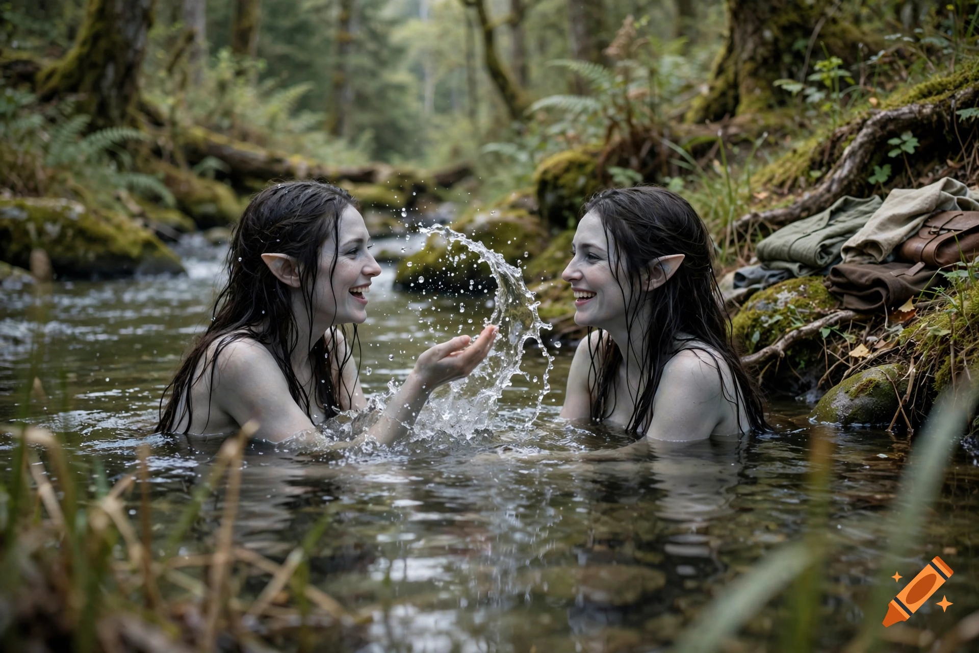 Two female night elves with pointed ears bathing and splashing water in a clear forest river, photorealistic.
