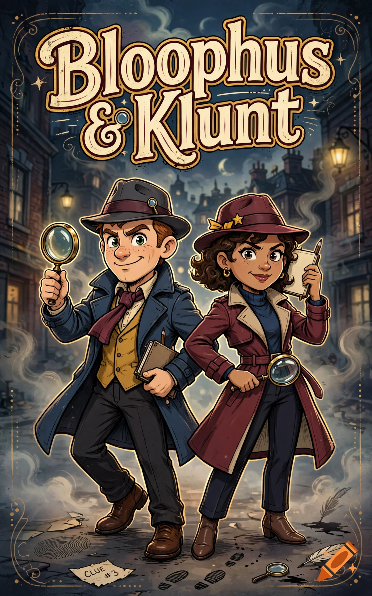 Cartoon book cover illustration featuring a male and female detective in vintage trench coats standing in a foggy street.