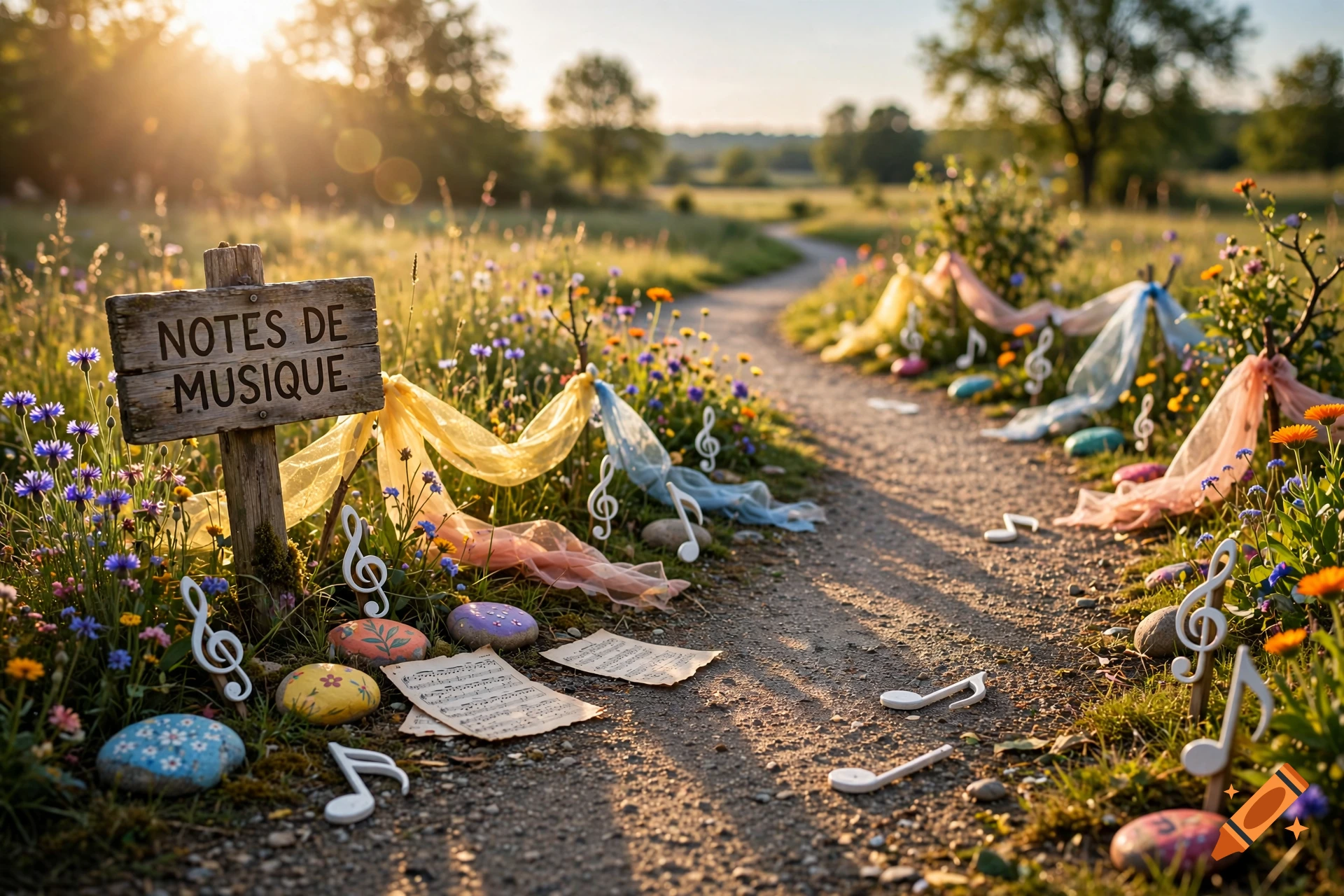 Photorealistic sunny path in a meadow decorated with colorful ribbons, musical notes, and a wooden sign reading 'Notes de Musique'.