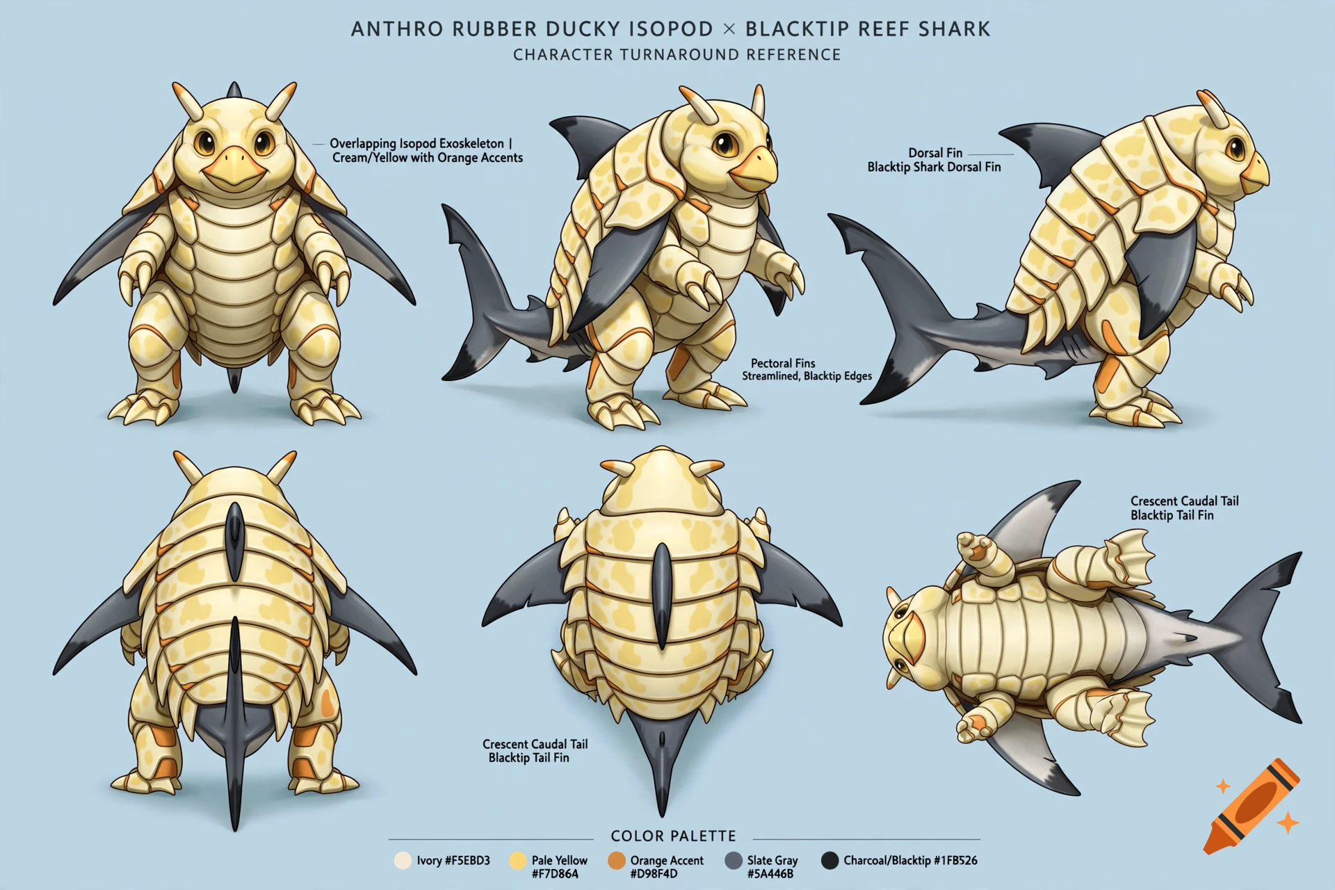 Character turnaround reference of an anthropomorphic rubber ducky isopod and blacktip reef shark hybrid in digital art style.