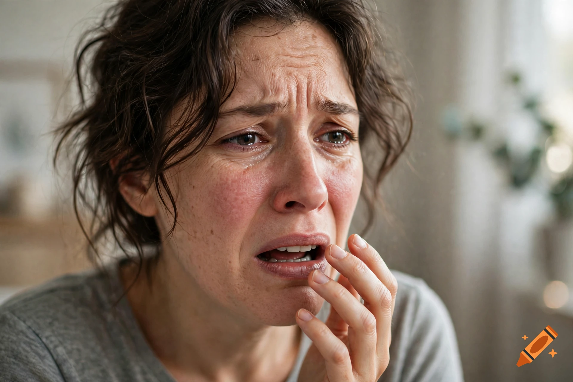 Close-up photorealistic portrait of a distressed woman with curly brown hair, crying and holding her hand to her mouth.