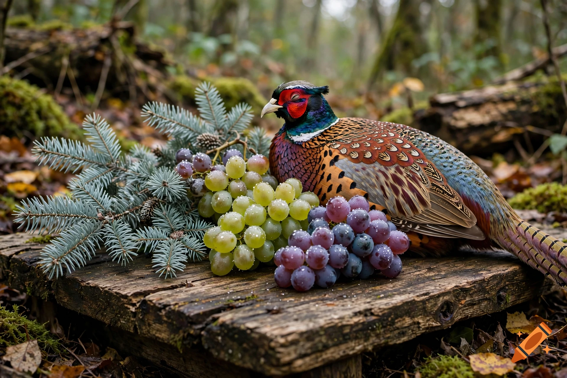 Photorealistic image of a pheasant, clusters of green and purple grapes, and pine branches resting on an old wooden table in a forest.