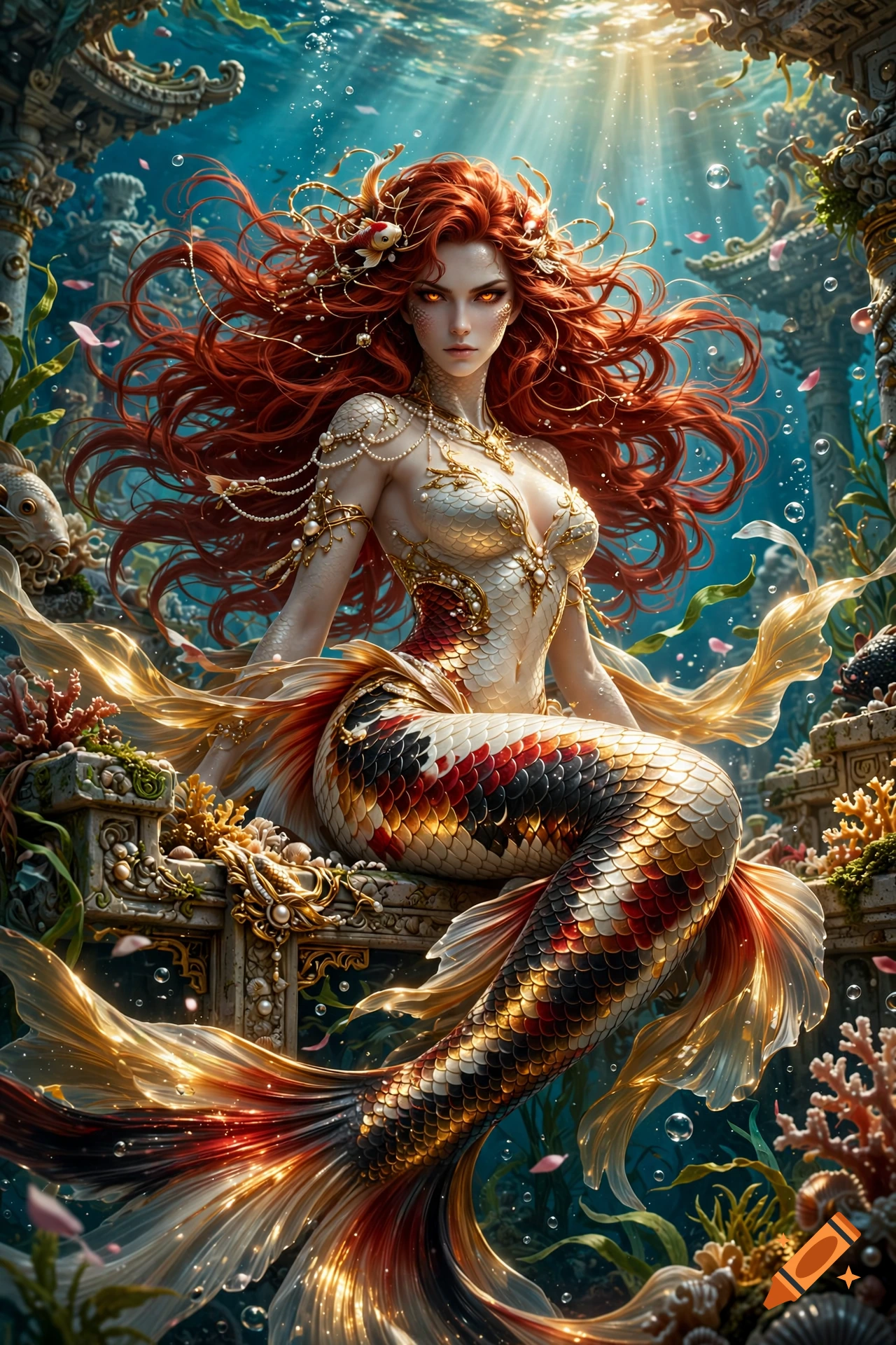 Digital illustration of a regal red-haired mermaid with koi fish features sitting among underwater ruins.