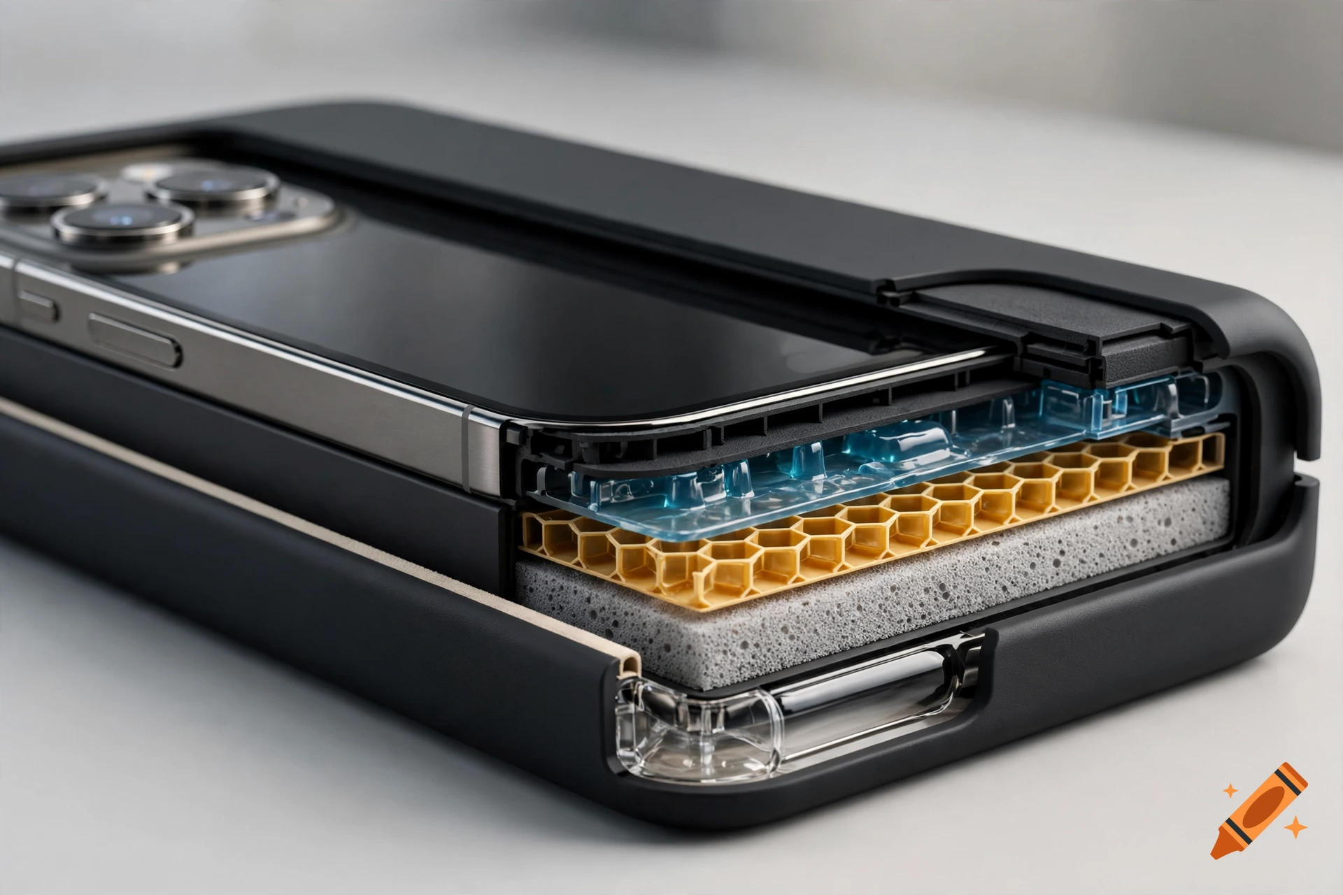 Photorealistic cutaway view of a matte black smartphone case showing internal layers like gel, honeycomb, and foam cushioning.