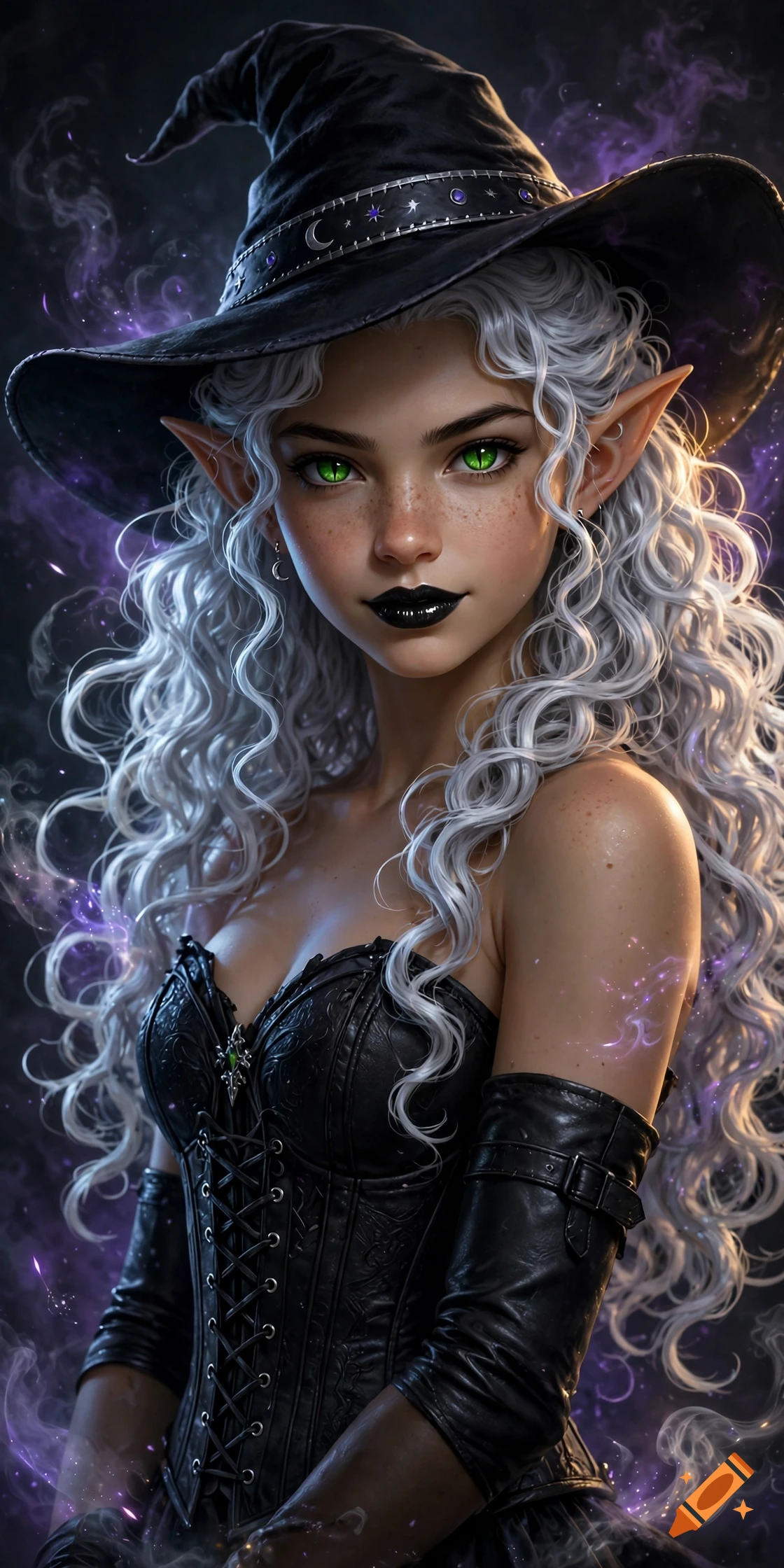 Close-up portrait of a fantasy elf girl with curly silver hair, green cat-like eyes, wearing a witch hat and black corset, digital illustration.