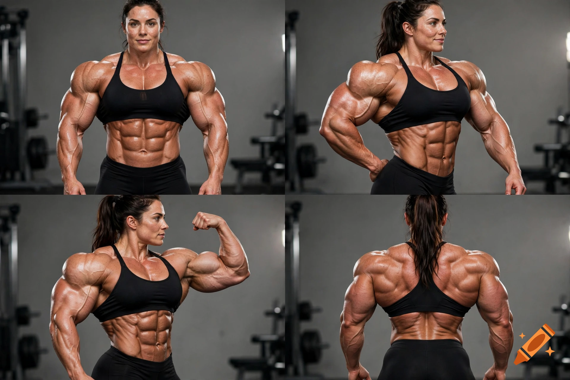 Photorealistic composite showing a female bodybuilder posing in a gym, displaying extreme muscle definition and mass.