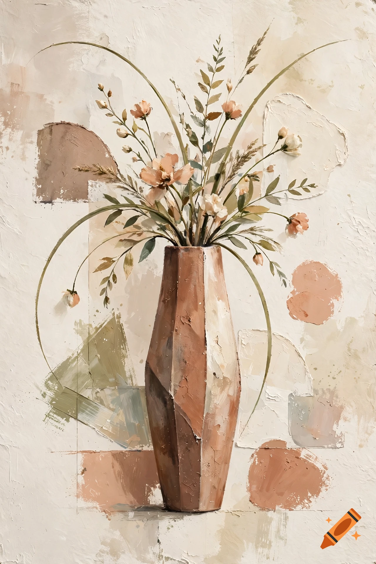 Modern abstract still life painting featuring a tall ceramic vase with flowers and curved stems against a neutral textured background.