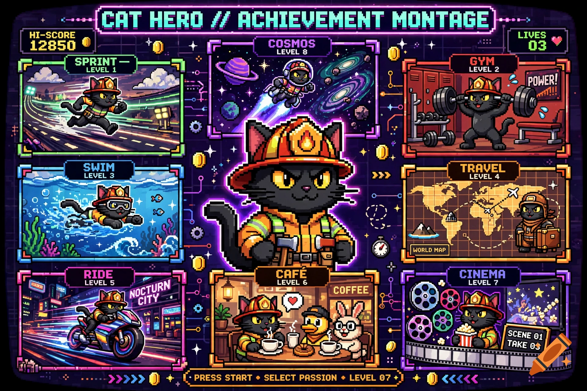 Retro 8-bit style video game montage featuring a black cat firefighter in various levels like cosmos, gym, swim, and café.