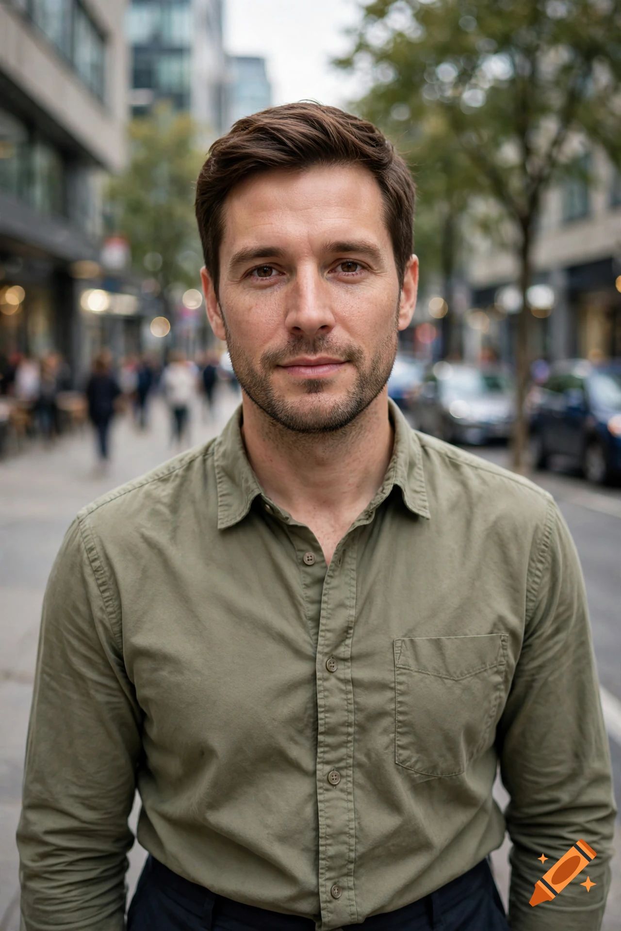 Photorealistic medium shot portrait of a man in a green button-down shirt standing on a city street.