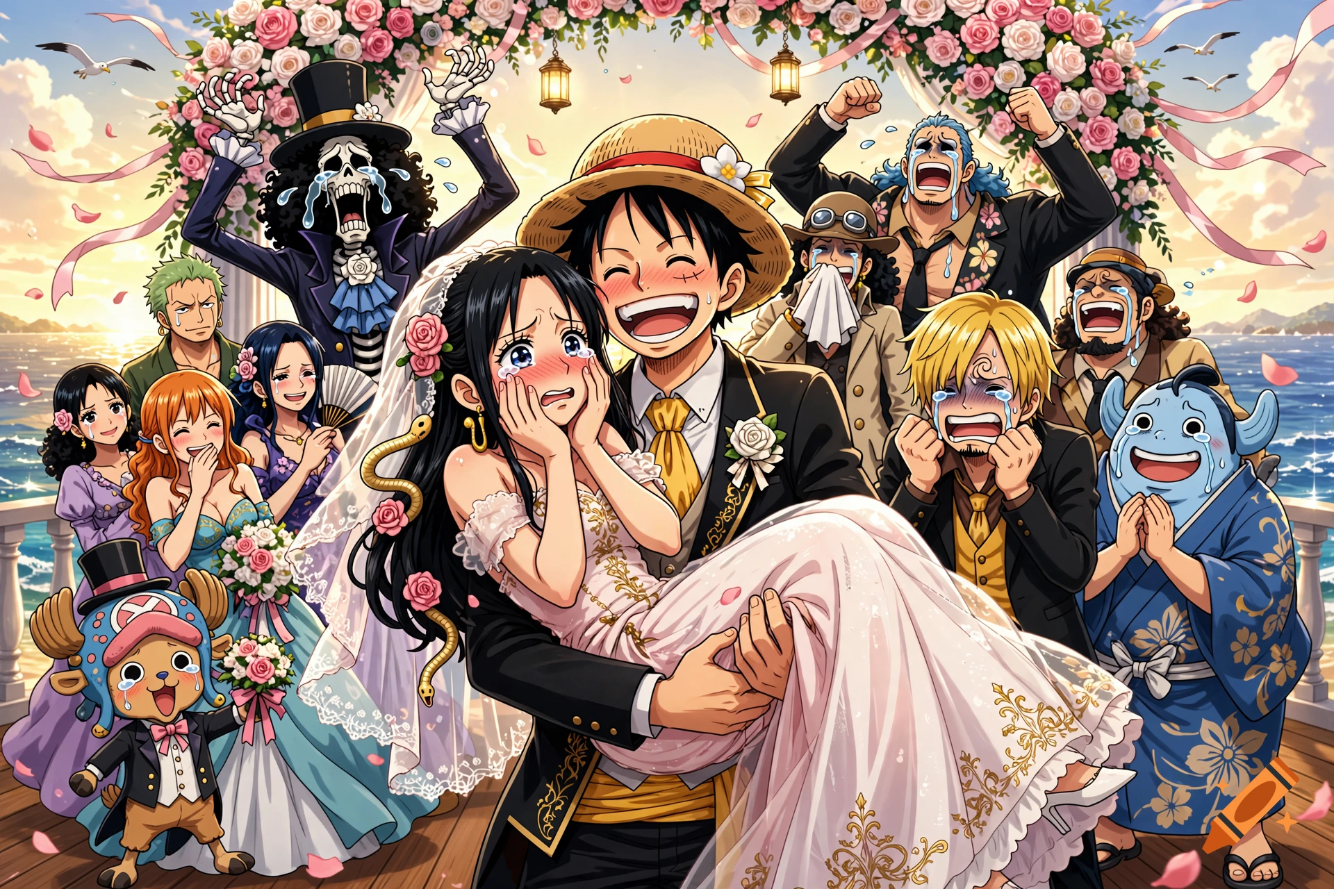 Anime style illustration of Luffy carrying Boa Hancock in a wedding dress, surrounded by crying and cheering crew members.