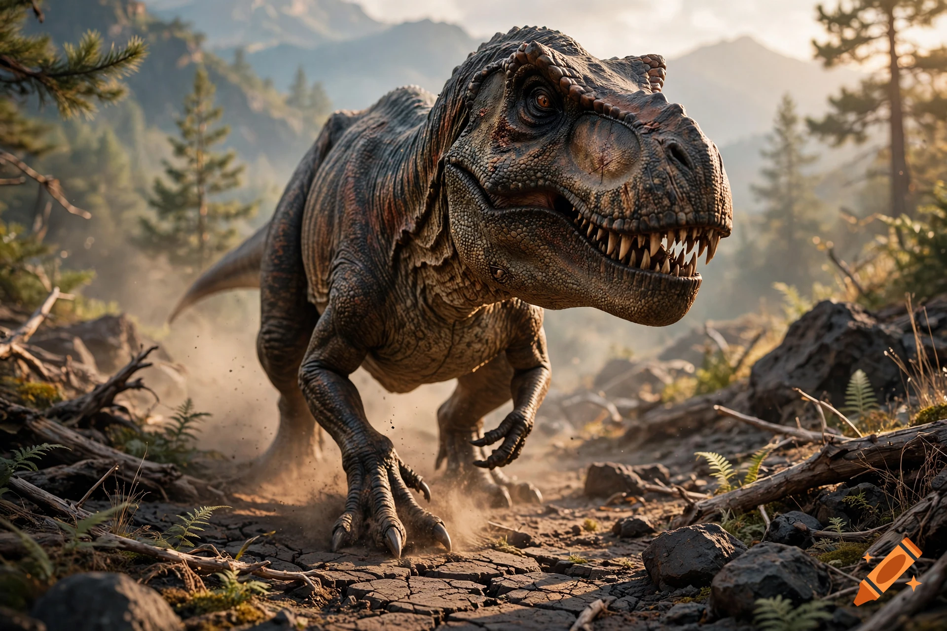 Photorealistic Tyrannosaurus rex running across a rocky, dusty forest path with mountains in the background.