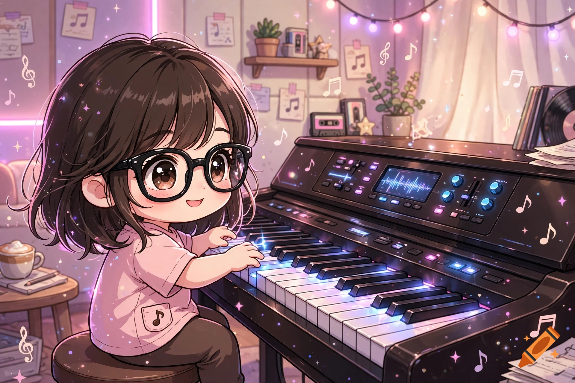 Chibi anime girl with dark hair and black glasses playing an electric piano in a cozy room, digital illustration.