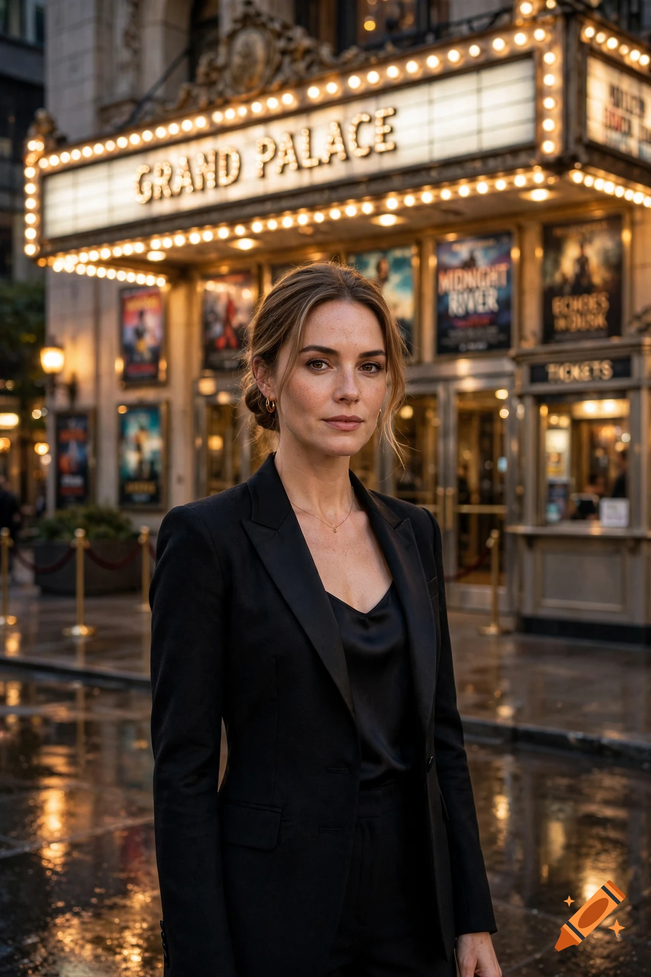 Photorealistic portrait of a woman in a black suit standing in front of a glowing theater marquee reading 'Grand Palace'.