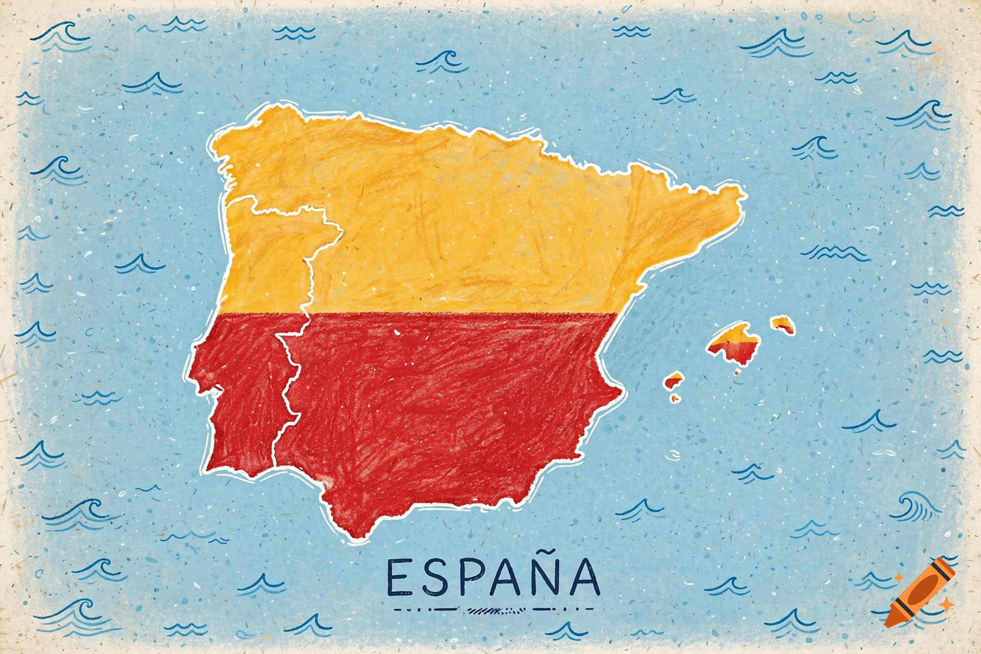 Retro textbook style illustration of Spain's map filled with the Spanish flag, set on a blue textured water background.