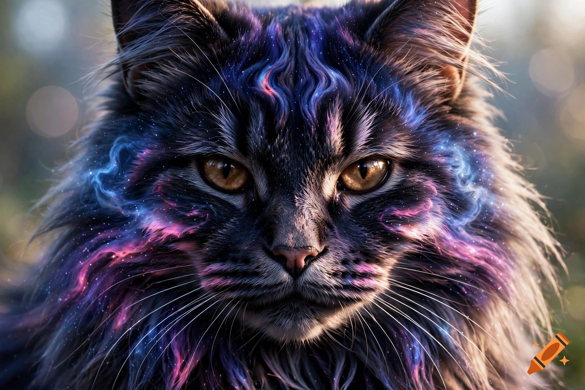Close-up portrait of a fluffy dark cat with glowing purple and blue galaxy patterns on its fur, sharp yellow eyes.