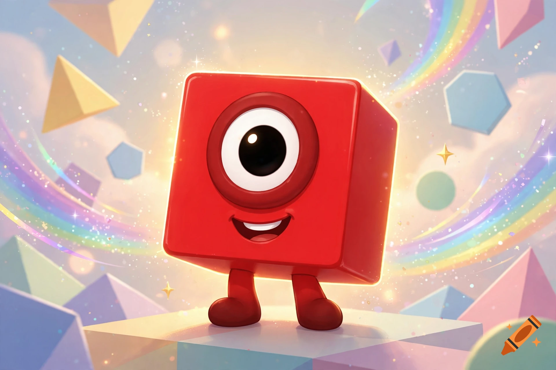 3D digital illustration of a red square character with one large eye and a smiling mouth, standing on a geometric platform surrounded by floating shapes and a rainbow.