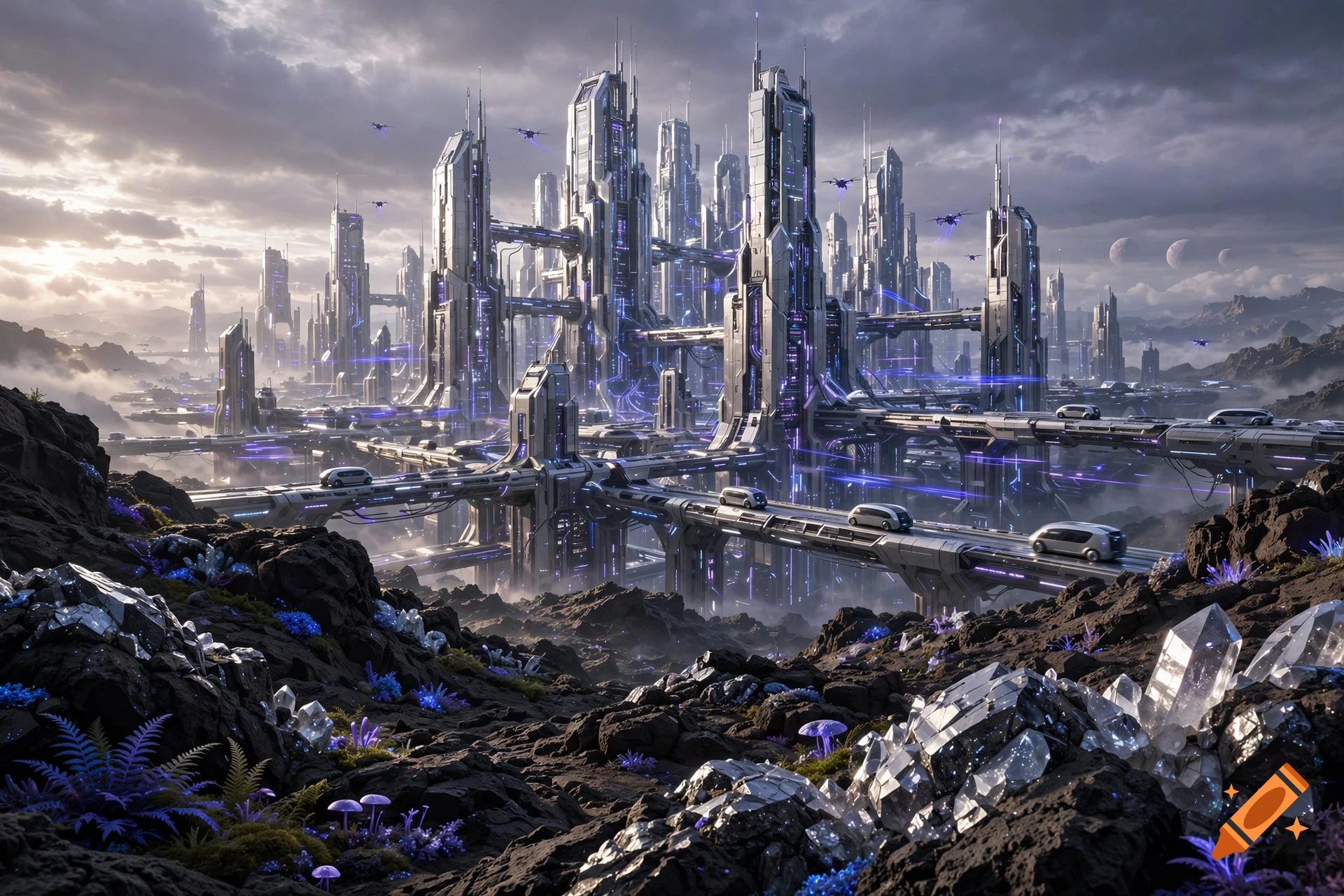 Futuristic alien cityscape with advanced towering structures and elevated transport systems over a rocky, crystalline landscape.