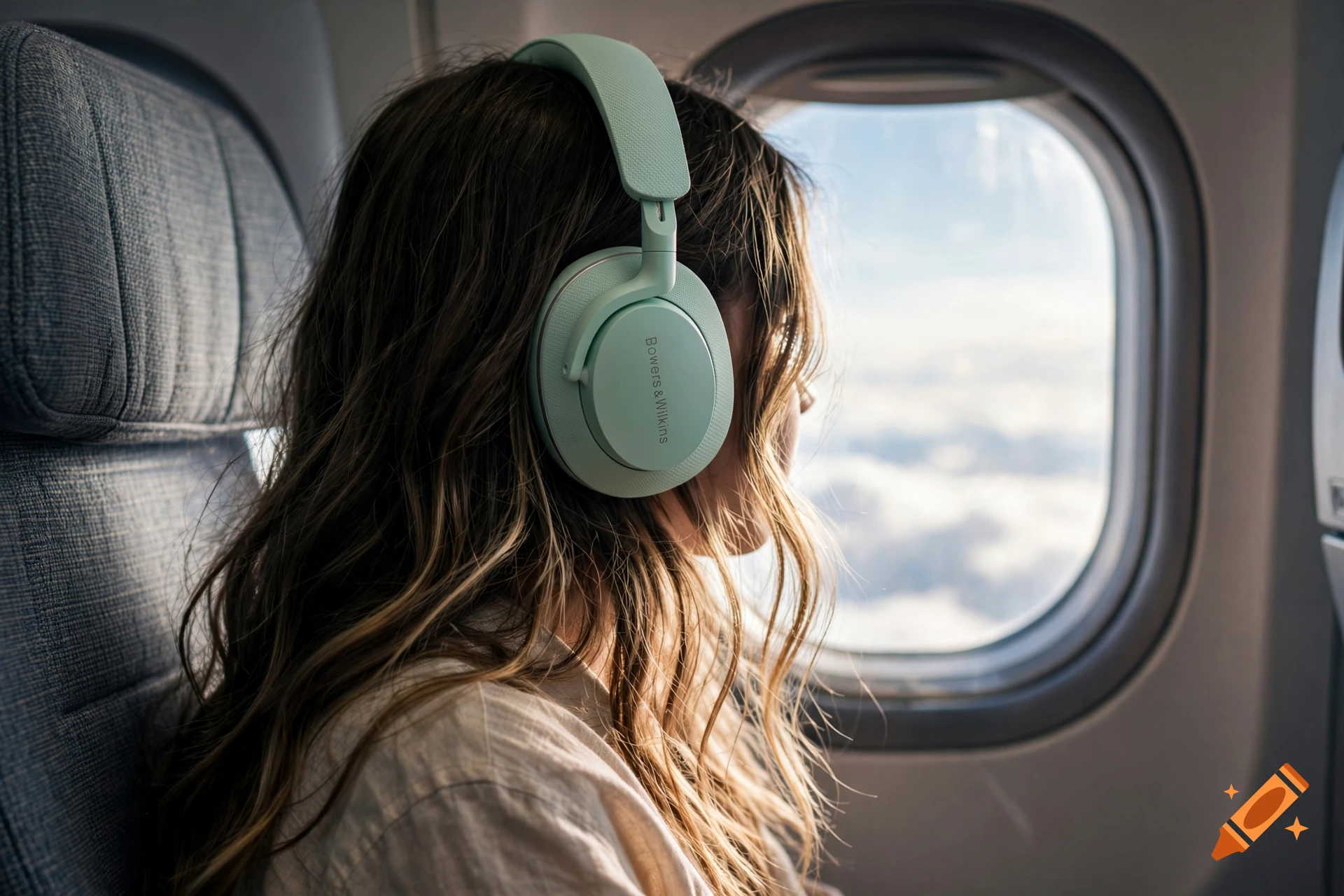 Photorealistic side view of a teenage girl with wavy brown hair wearing mint green headphones, looking out an airplane window.