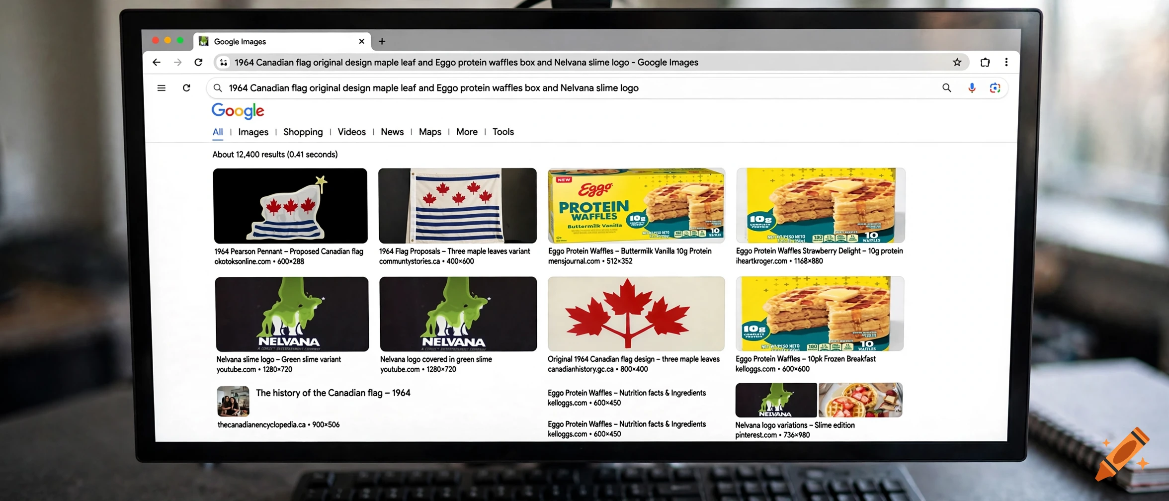 A computer monitor displaying a Google image search for historical Canadian flags, Eggo waffles, and Nelvana slime.