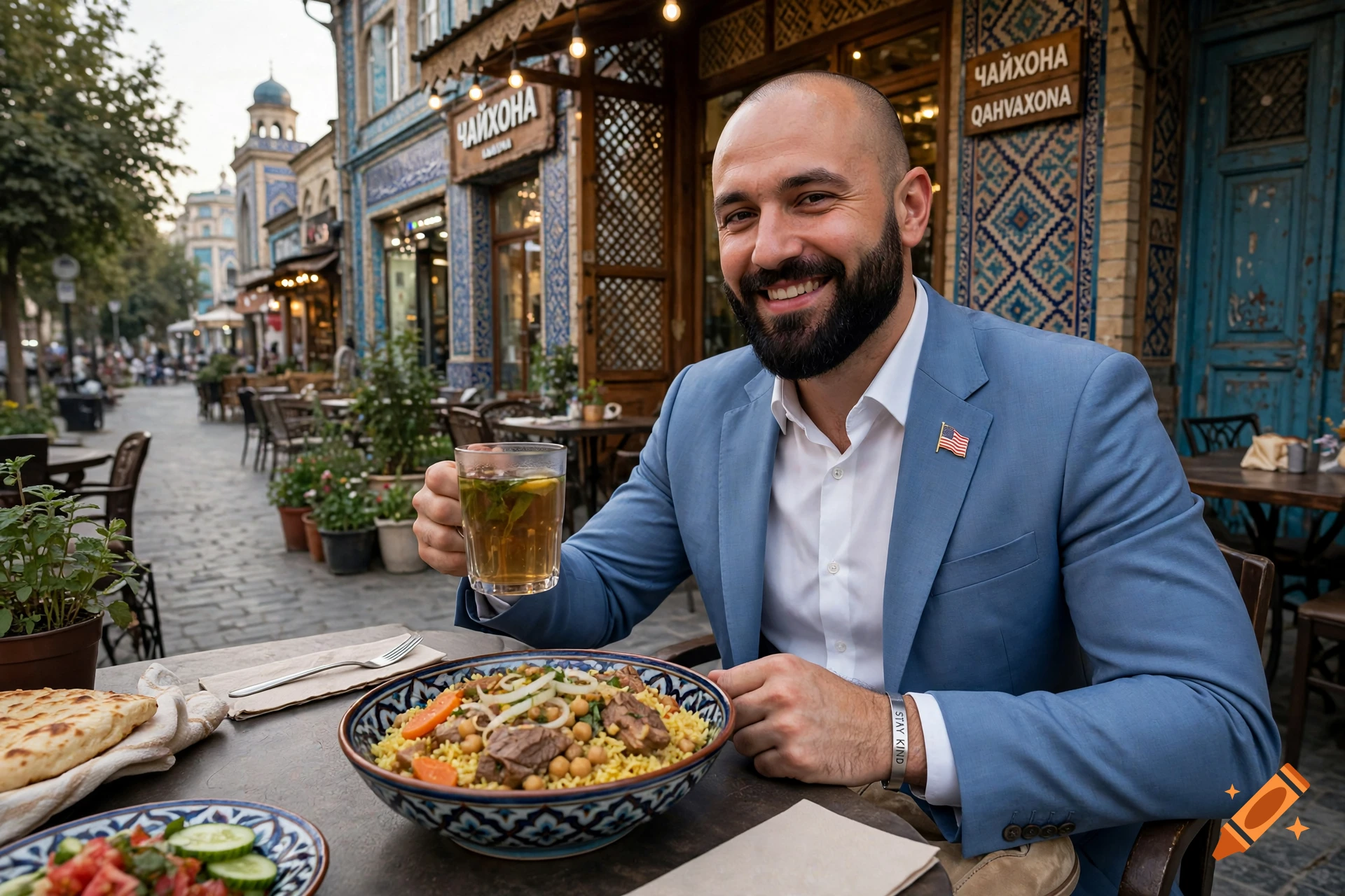 Photorealistic image of a smiling man in a light blue suit holding a cup of tea and eating plov at an outdoor cafe.