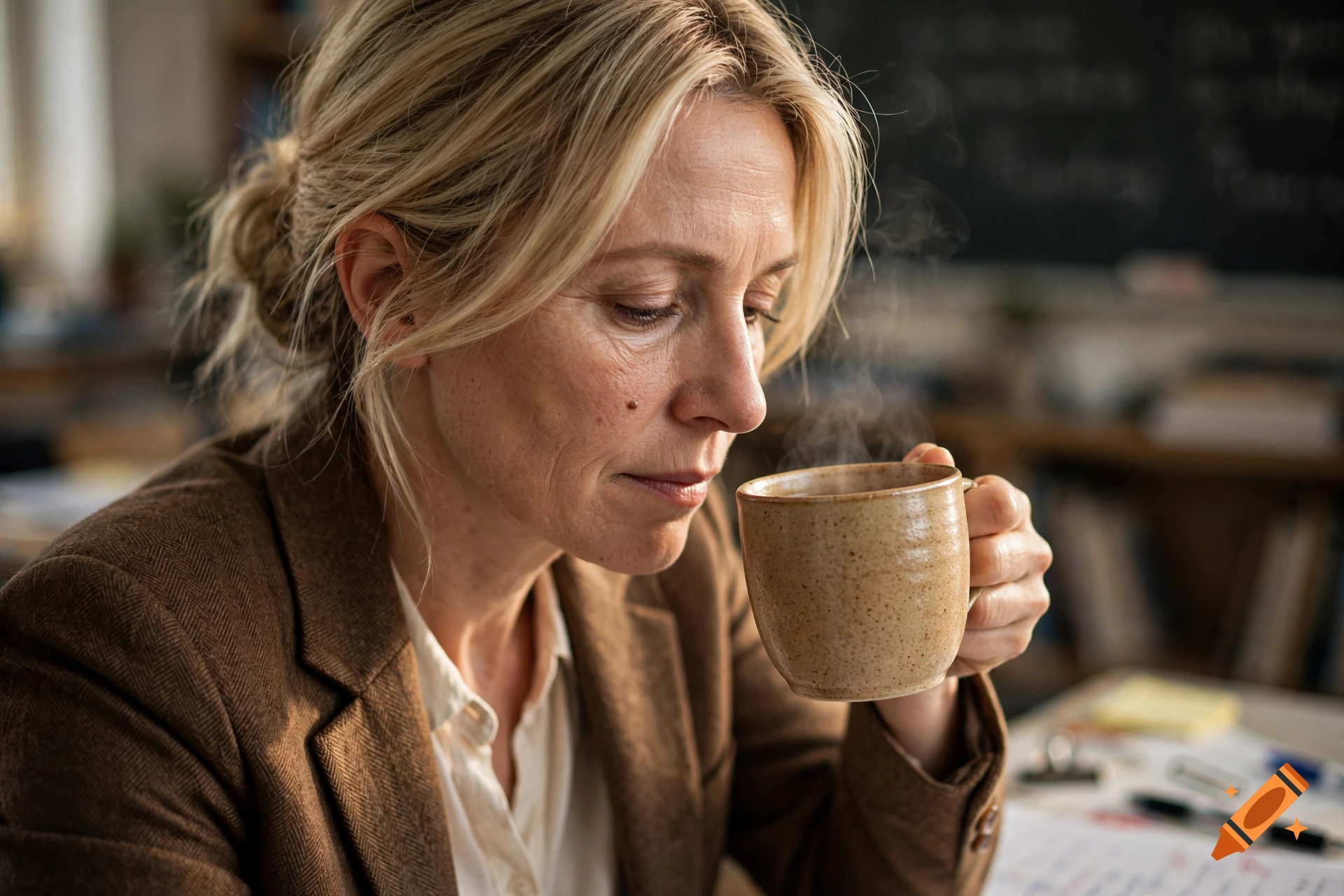 Close-up of a blonde female teacher in a brown blazer holding a steaming mug of tea, photorealistic.