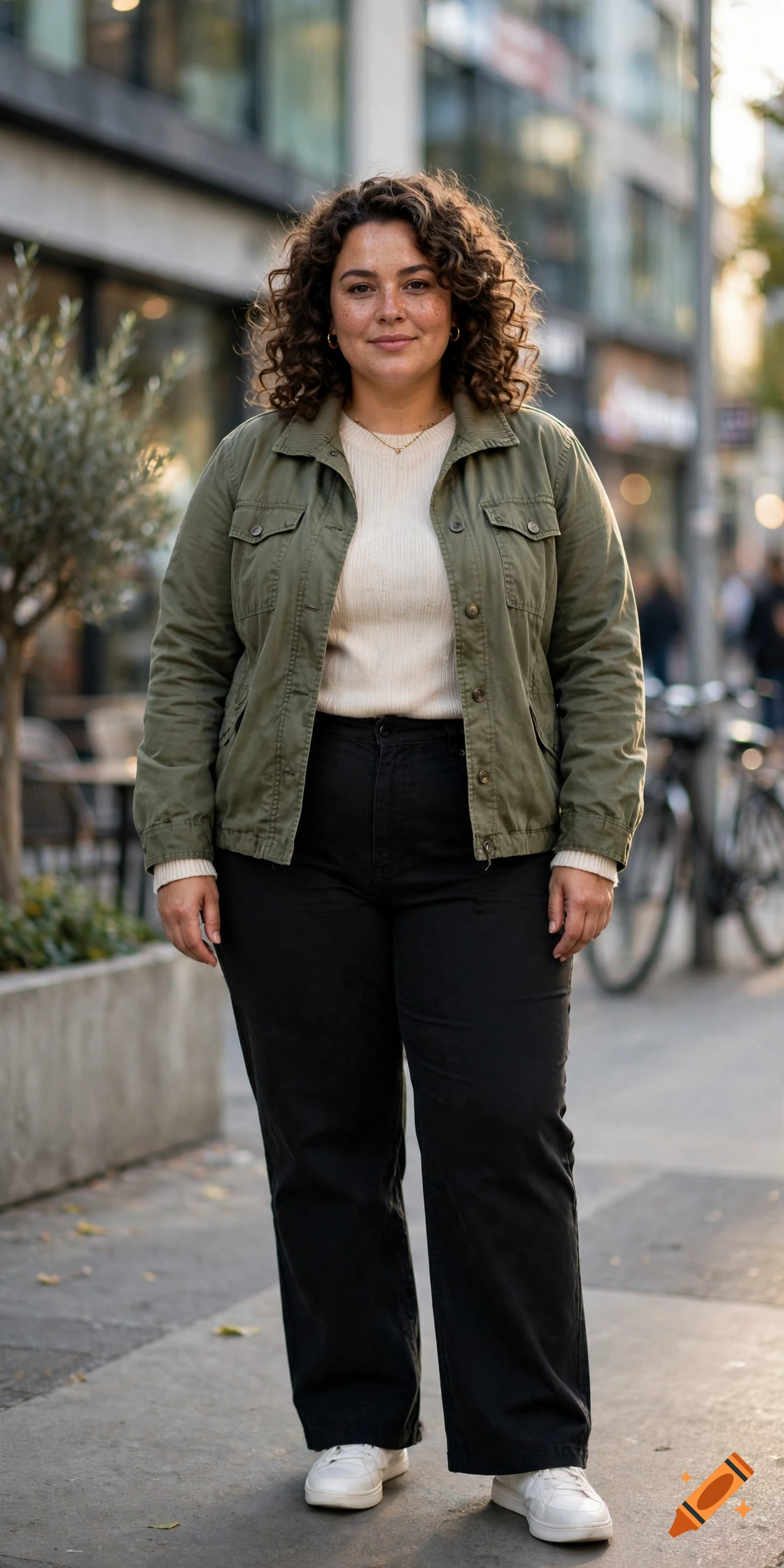 Photorealistic full-body portrait of a smiling woman with curly hair wearing an olive green jacket, black pants, and white sneakers, standing on a city street.