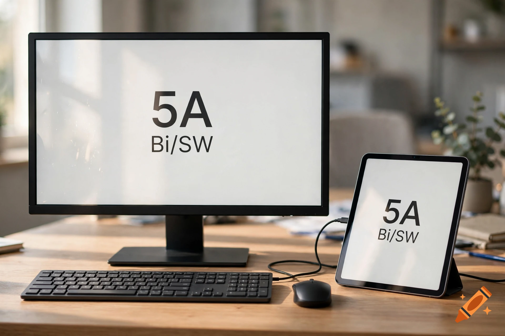 A computer monitor and a tablet displaying text on a wooden desk with a keyboard and mouse.