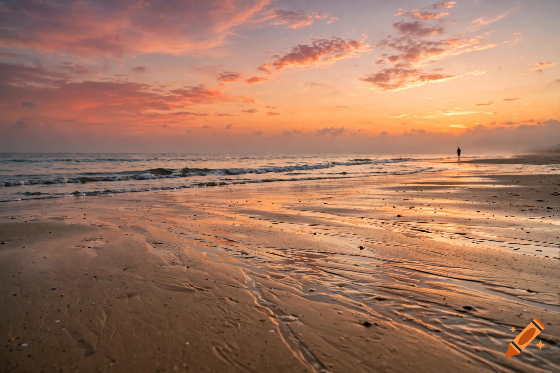 Photorealistic sunset view of a sandy beach with gentle waves and a distant human silhouette under an orange and pink sky.