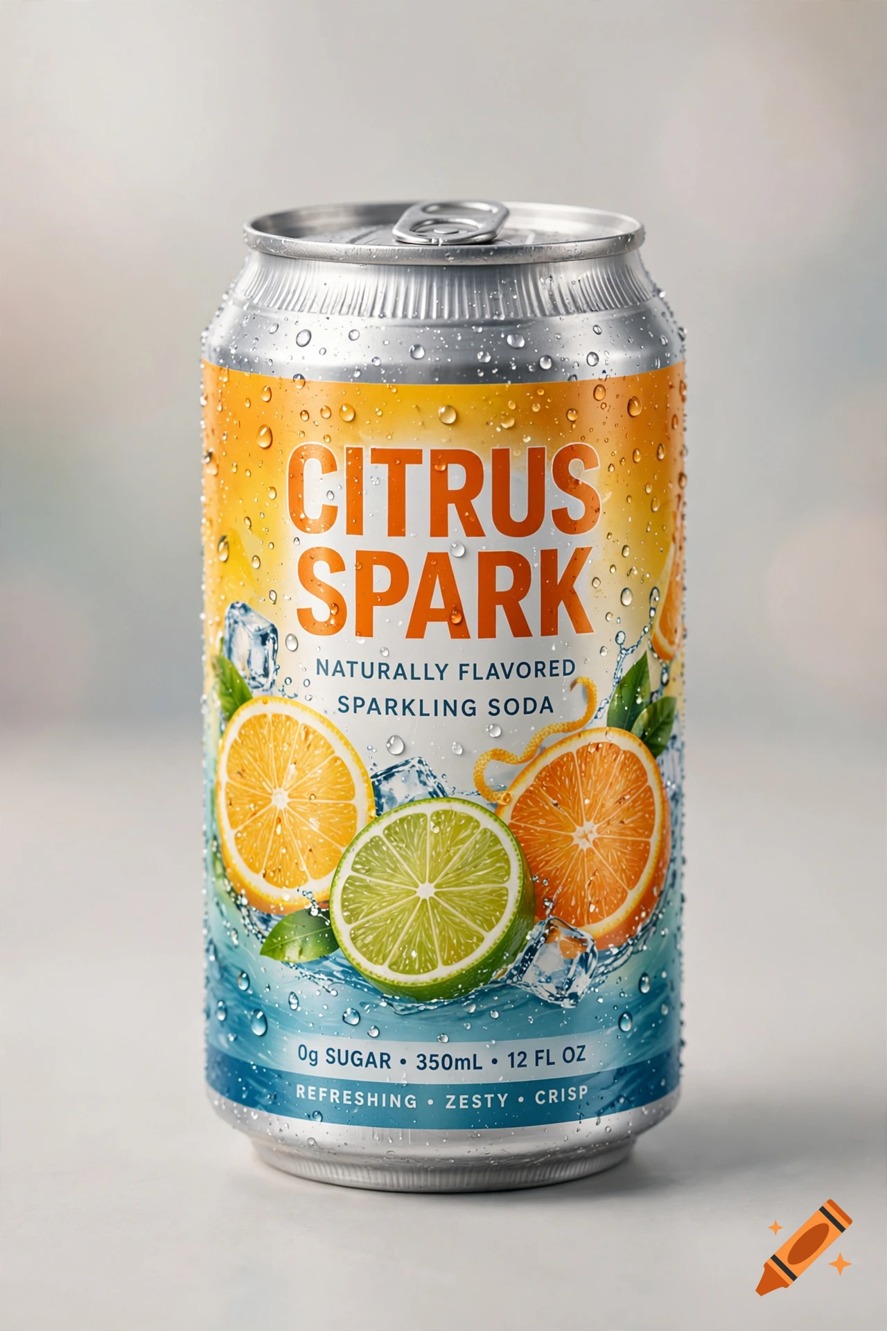Photorealistic aluminum can of citrus sparkling soda covered in water droplets with sliced oranges and limes.