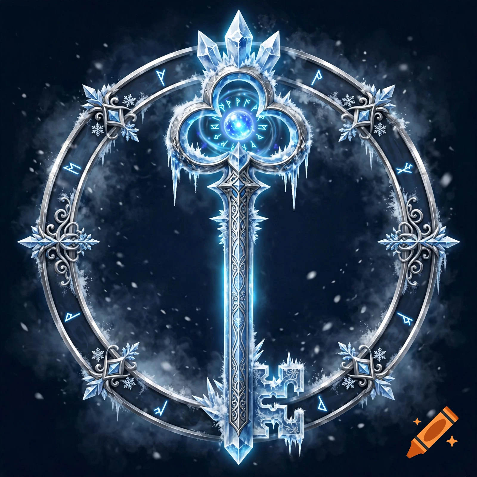 An ornate frozen blue and silver key centered inside a glowing magical rune circle with snowflakes on a dark background.