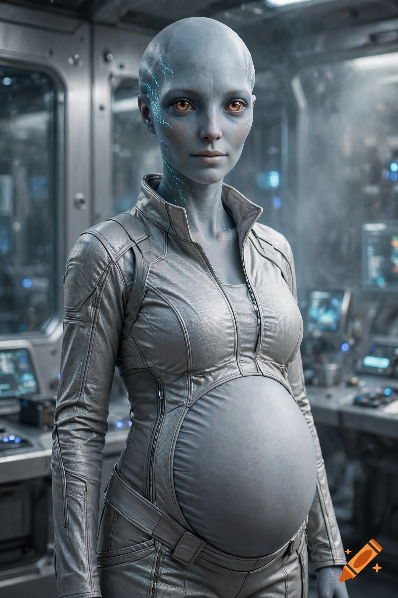 Photorealistic medium shot of a pregnant female alien with blue skin, glowing markings, and amber eyes, standing in a futuristic spaceship interior.