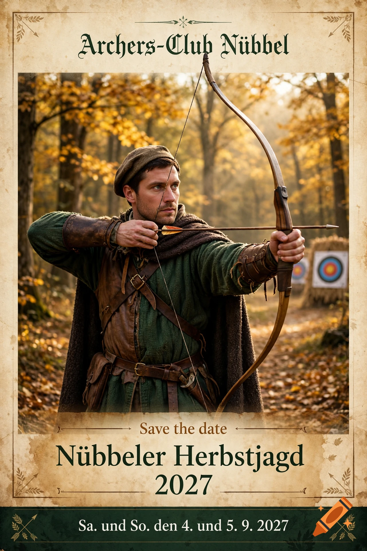 Photorealistic poster for an archery club featuring an archer with a bow in a forest.