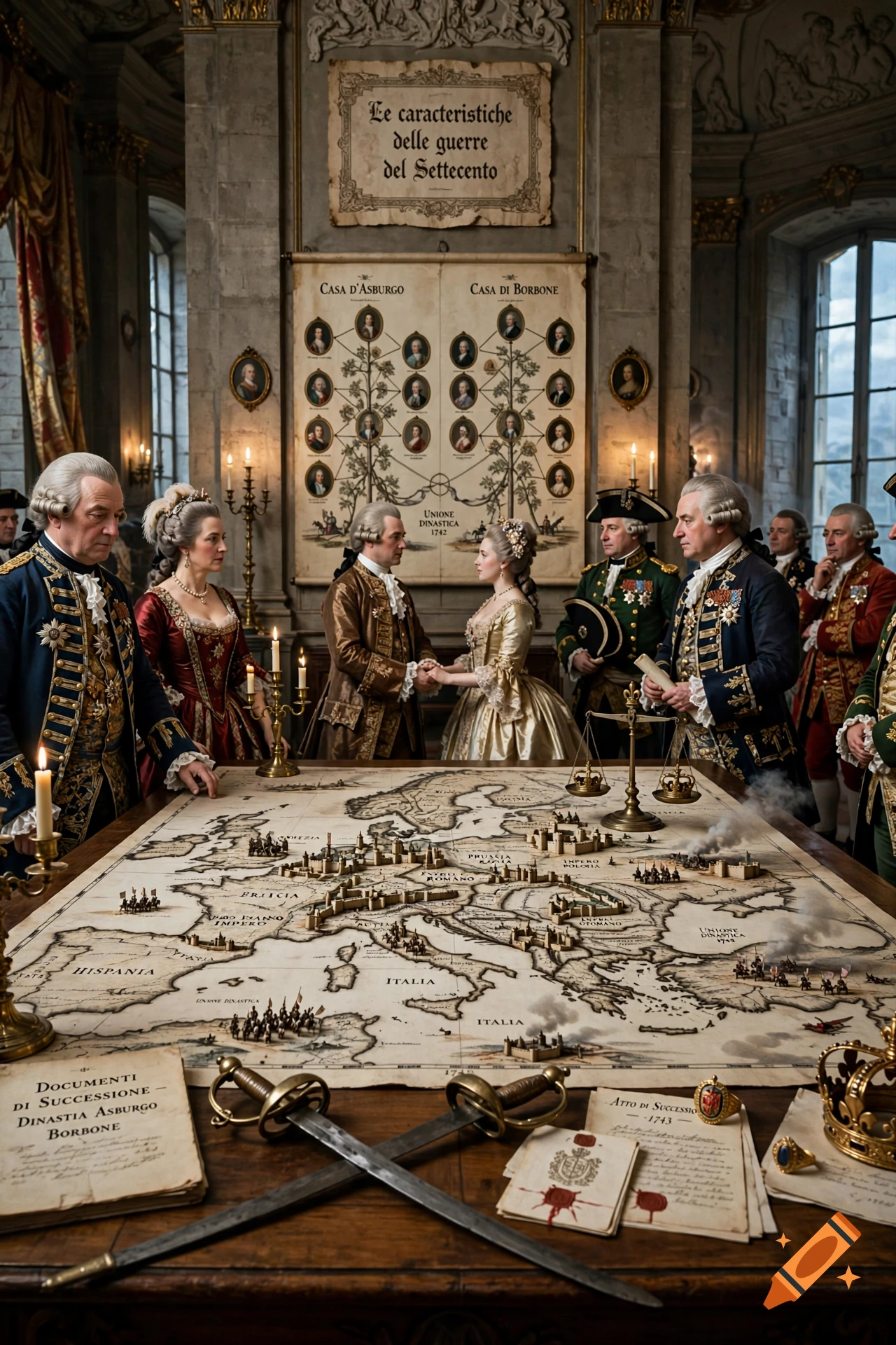 Detailed historical scene of 18th-century European leaders and diplomats gathered around a large table examining a map of Europe.