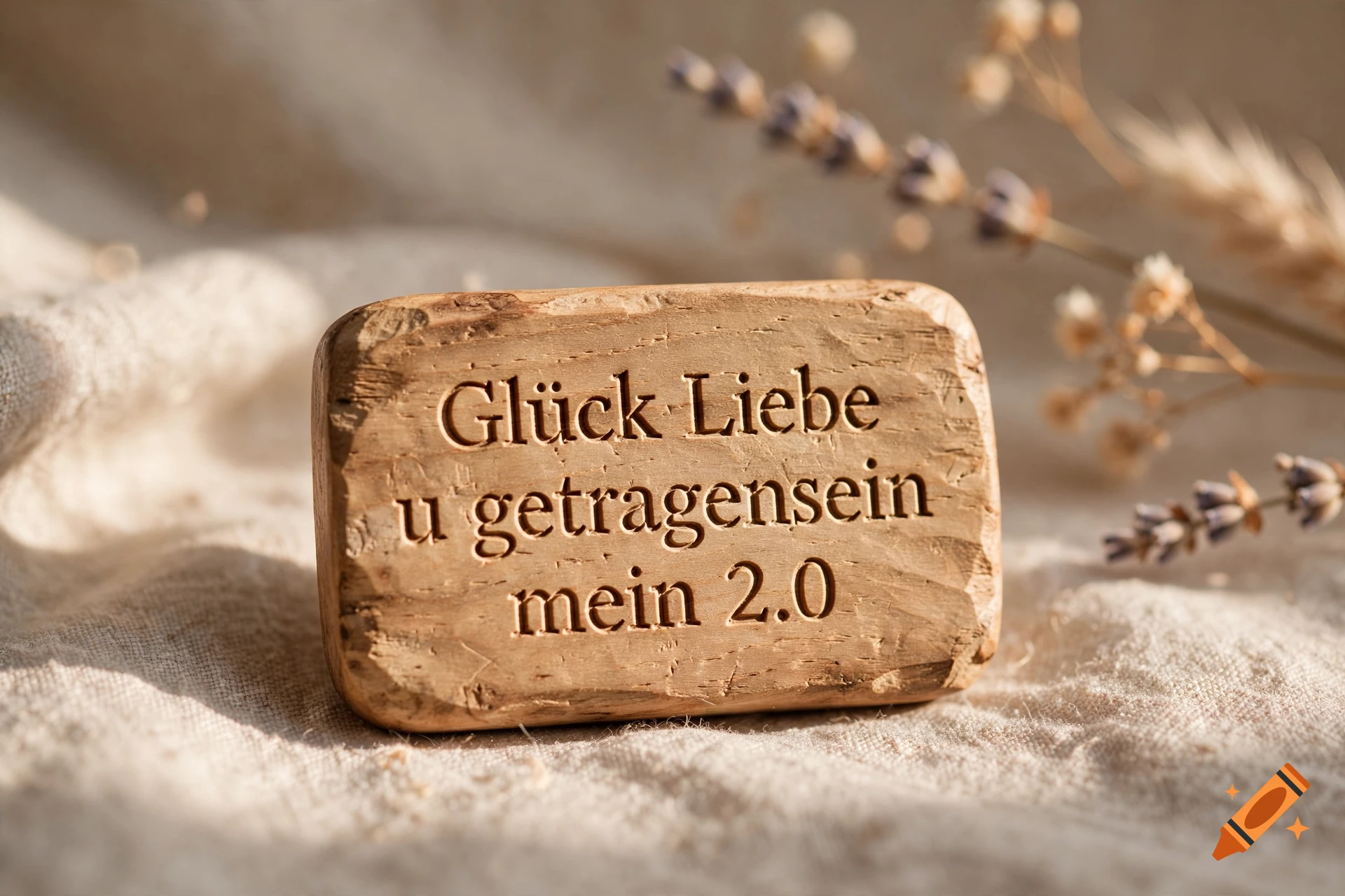 Close-up of a small wooden block with engraved German text resting on a textured linen cloth with blurred dried flowers in the background.