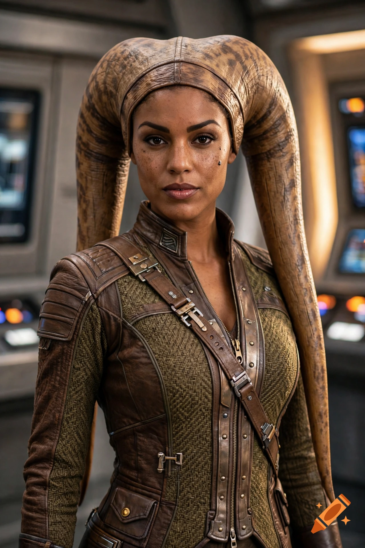 Photorealistic portrait of a female Twi'lek with brown skin, lekku, and leather attire in a spaceship interior.