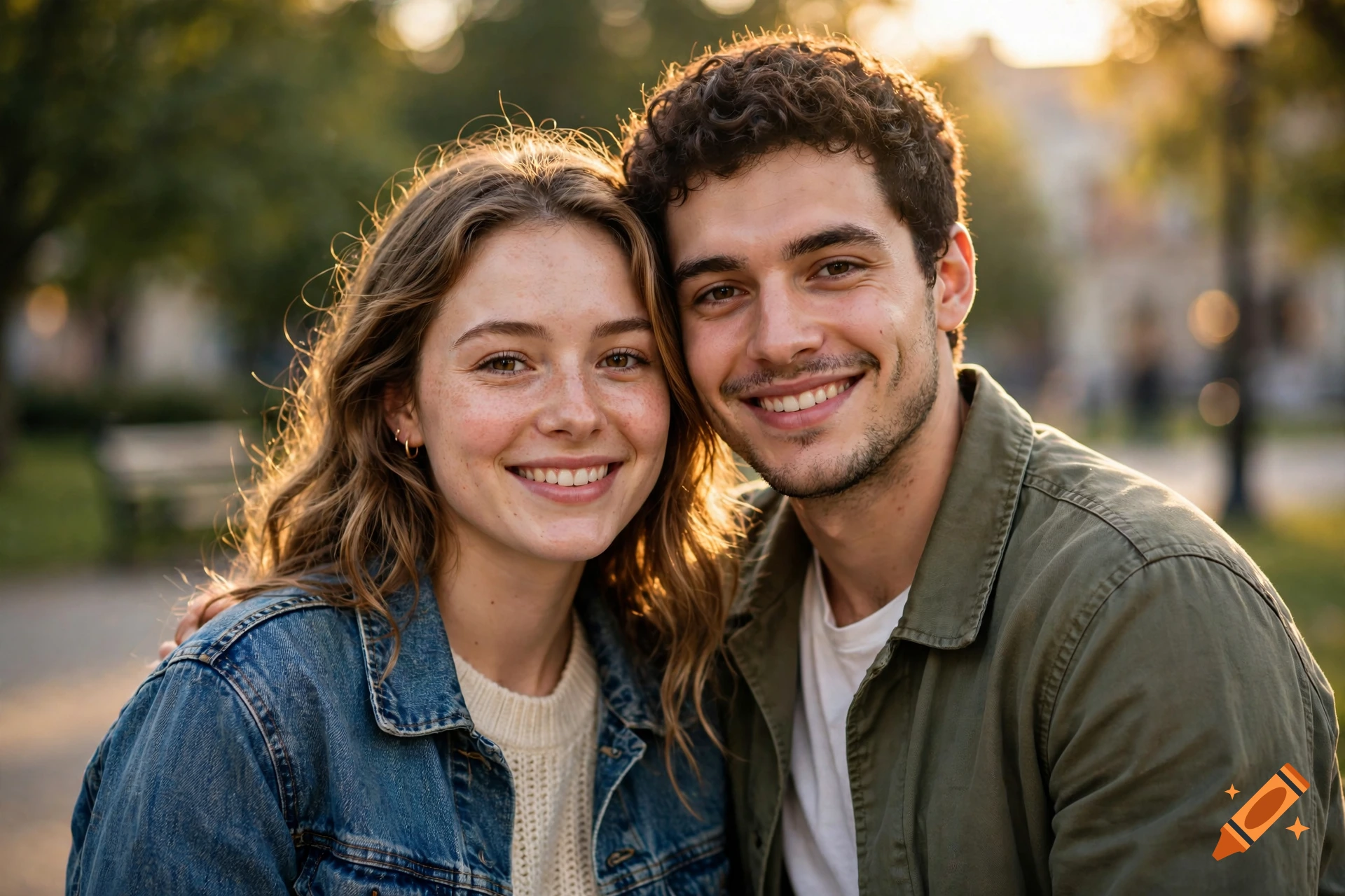 Photorealistic close-up portrait of a young smiling couple outdoors during golden hour.