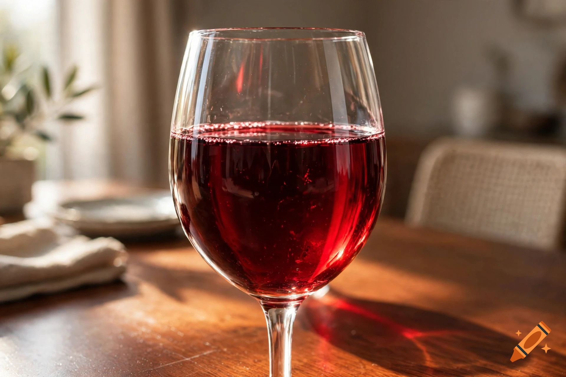 Close-up of a large wine glass filled with deep red wine on a wooden table, with soft indoor lighting in the background.